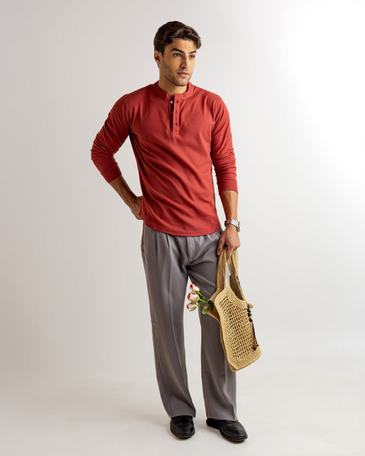 Maroon Waffle Knit Henley Neck T-Shirt