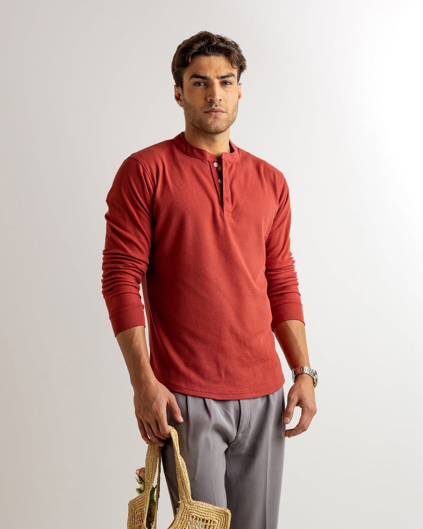 Maroon Waffle Knit Henley Neck T-Shirt