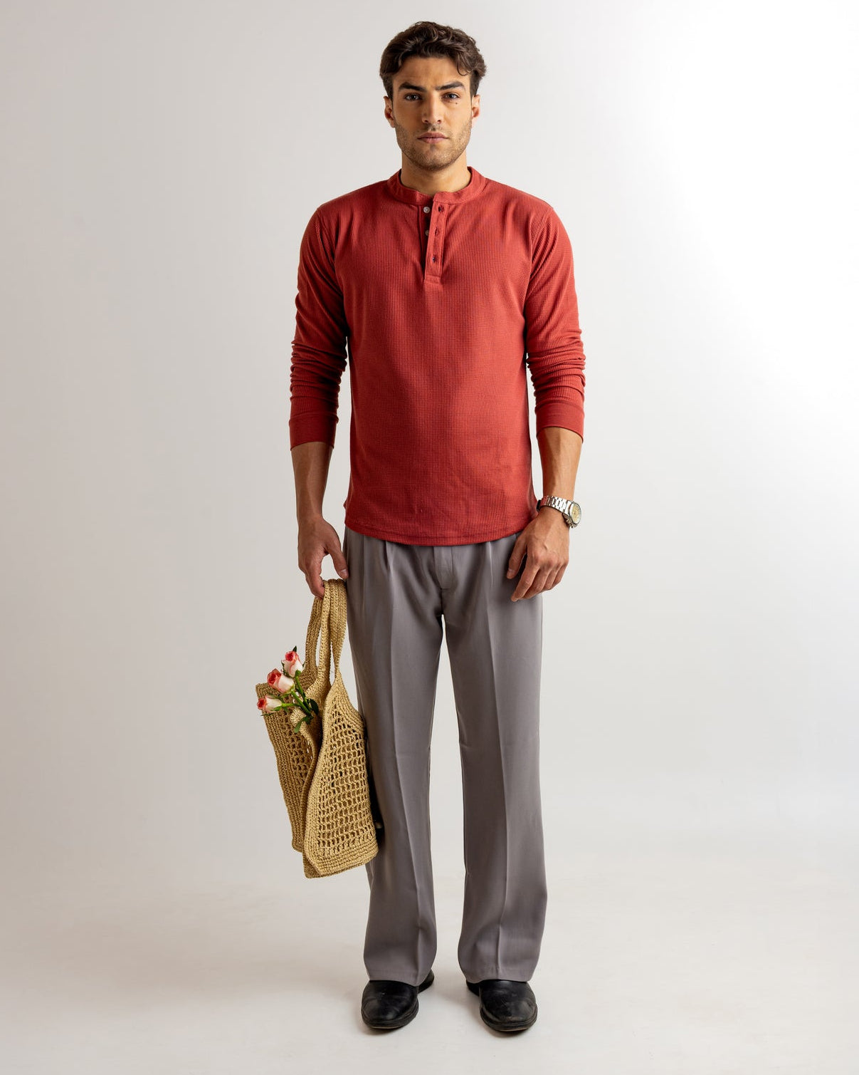 Maroon Waffle Knit Henley Neck T-Shirt