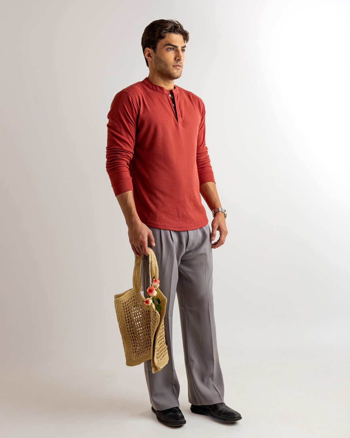 Maroon Waffle Knit Henley Neck T-Shirt