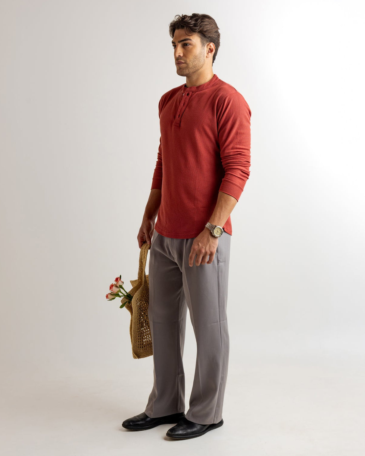 Maroon Waffle Knit Henley Neck T-Shirt