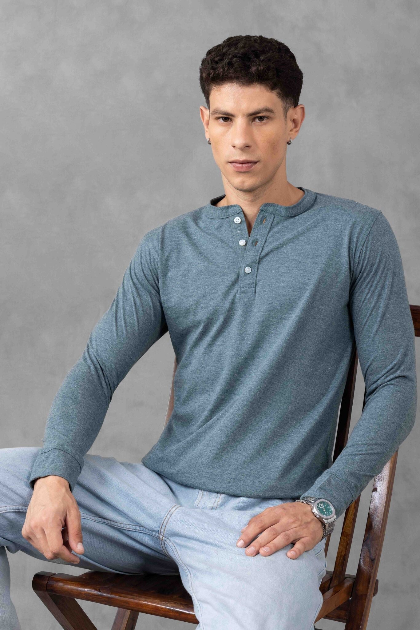 Light Green Self Design Henley T-Shirt