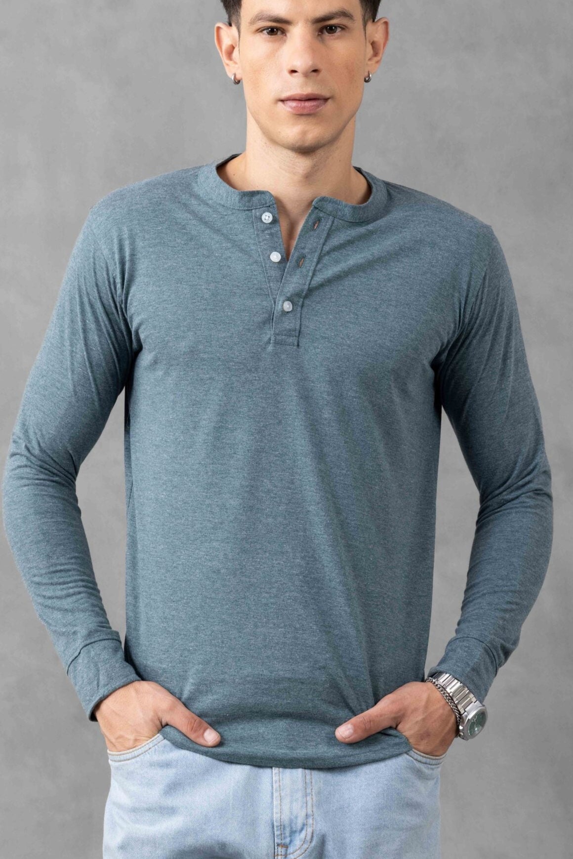 Light Green Self Design Henley T-Shirt