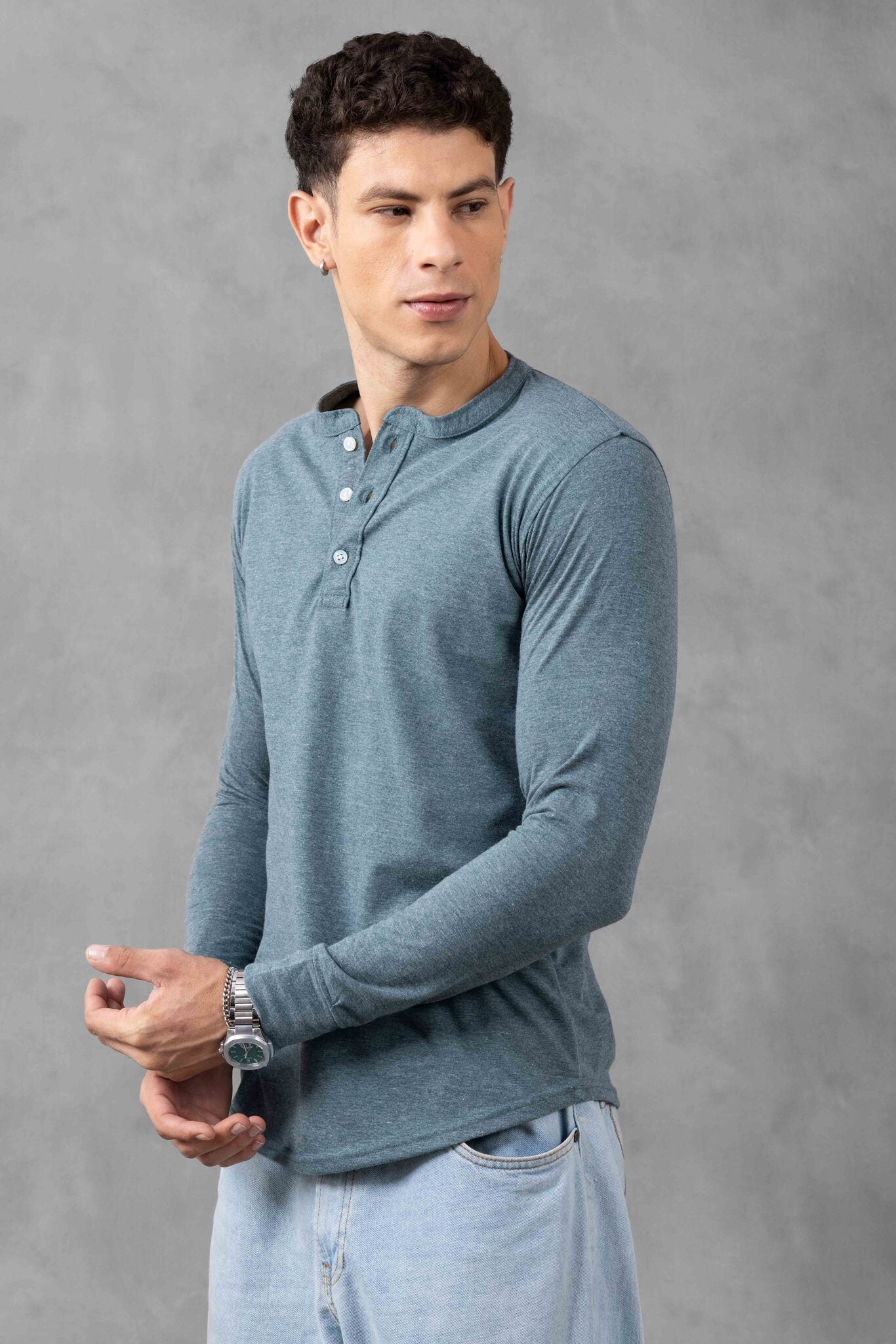 Light Green Self Design Henley T-Shirt