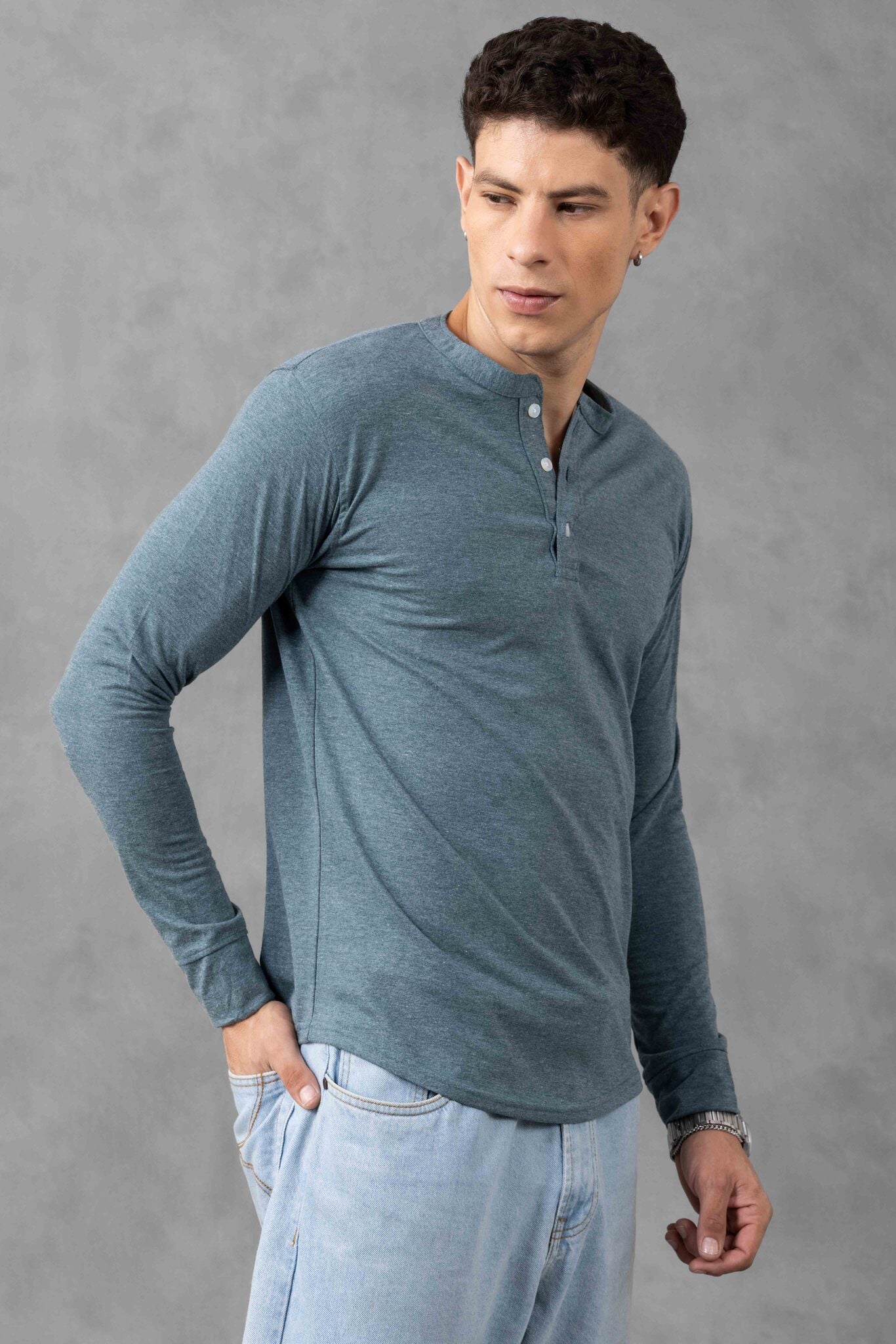 Light Green Self Design Henley T-Shirt