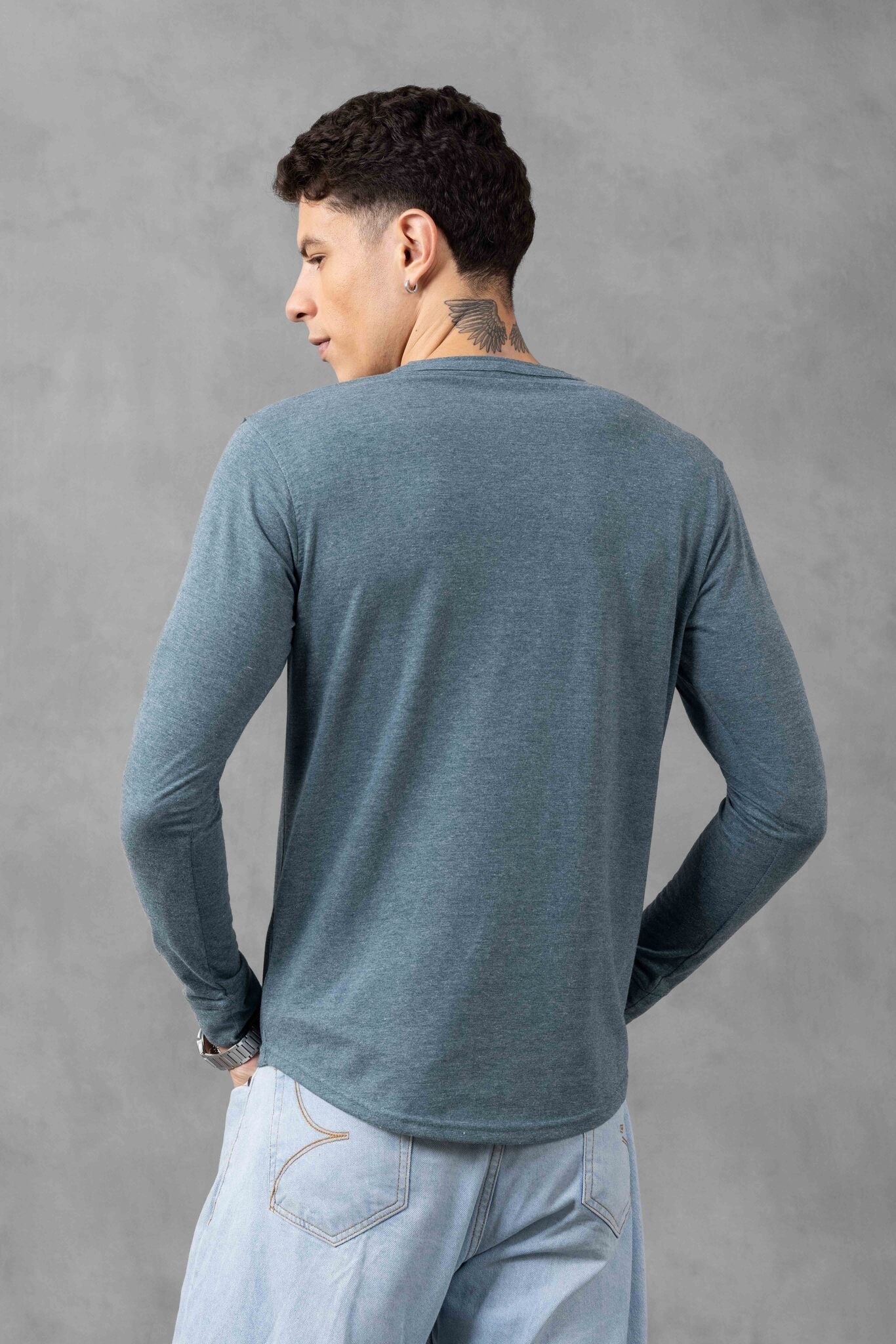 Light Green Self Design Henley T-Shirt