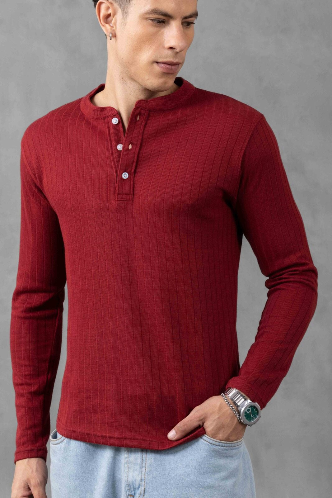 Maroon Self Design Full Sleeve Henley T-Shirt