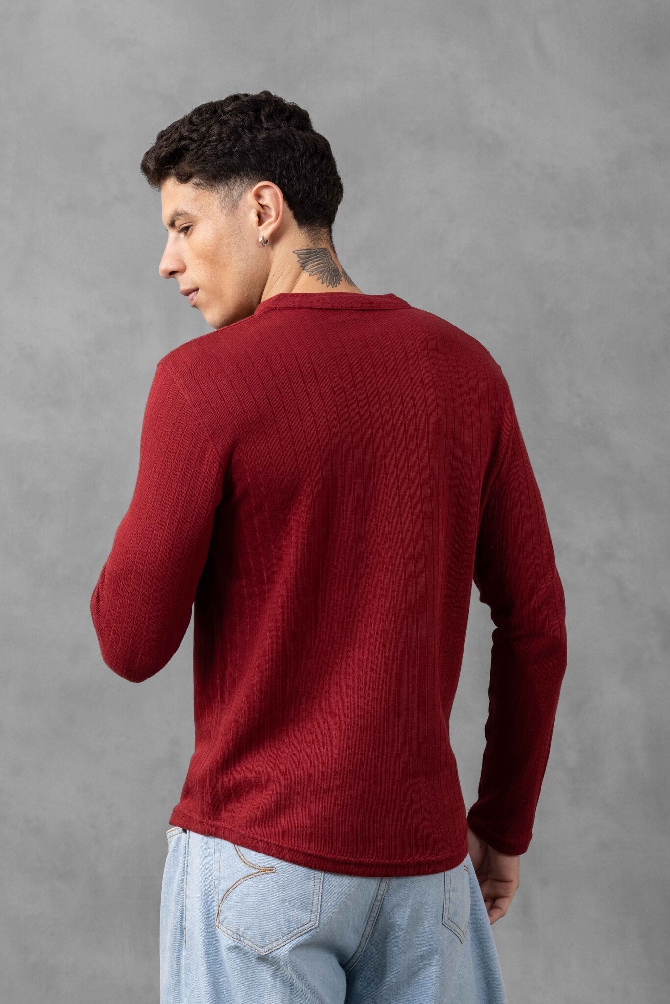 Maroon Self Design Full Sleeve Henley T-Shirt