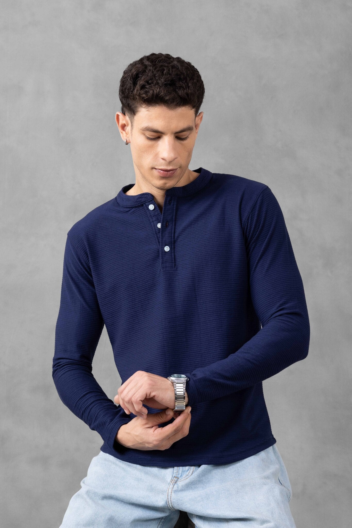 Navy Ottoman Self Design Henley T-Shirt