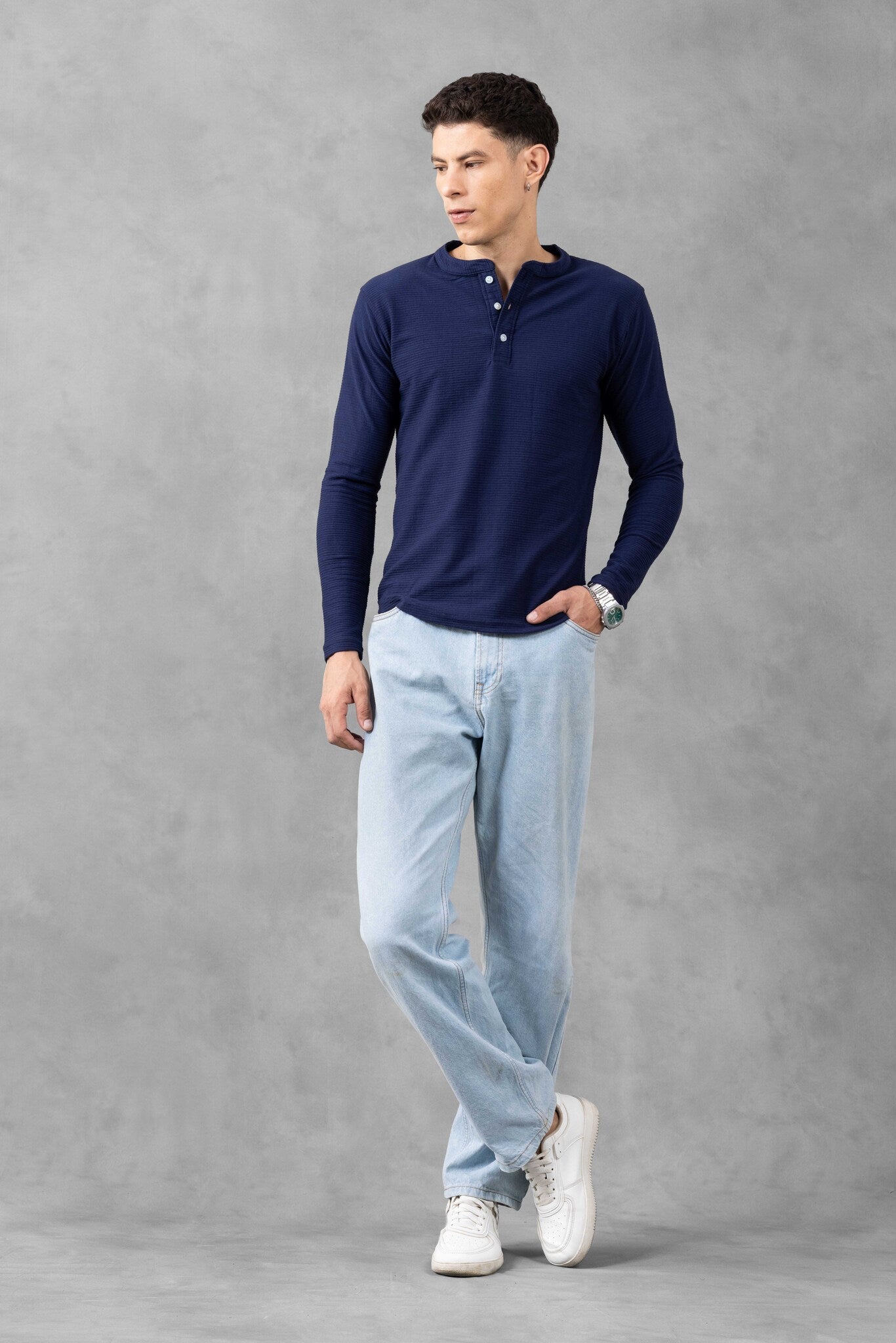 Navy Ottoman Self Design Henley T-Shirt