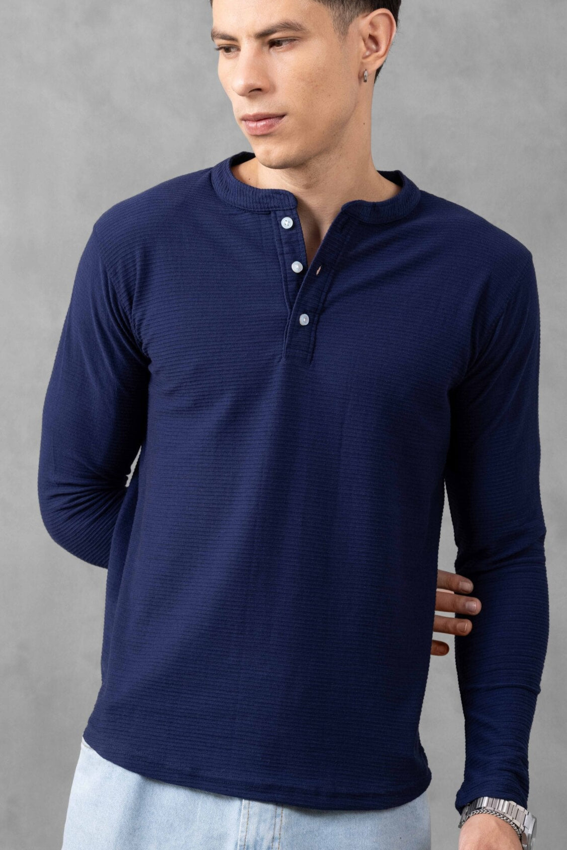 Navy Ottoman Self Design Henley T-Shirt