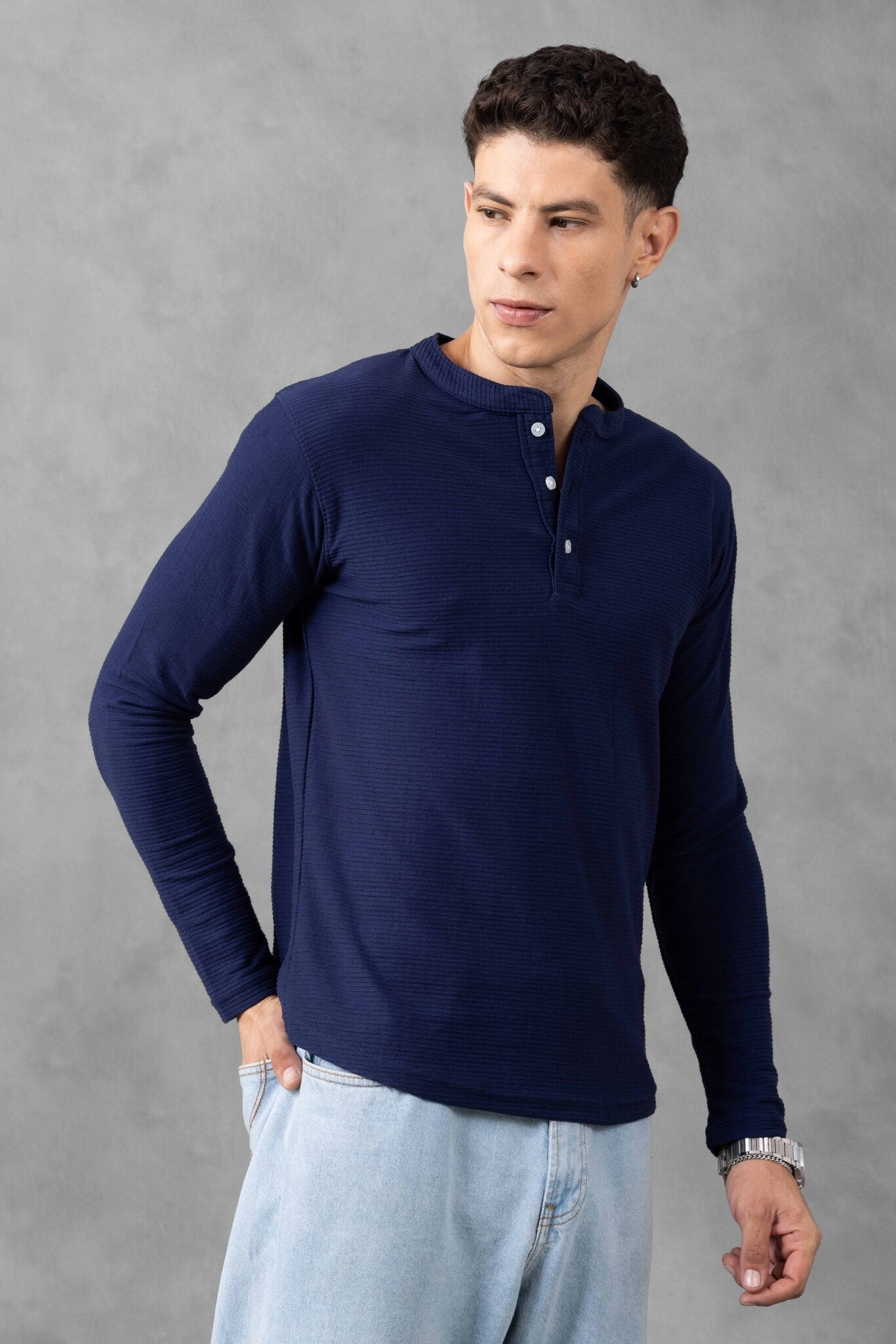 Navy Ottoman Self Design Henley T-Shirt
