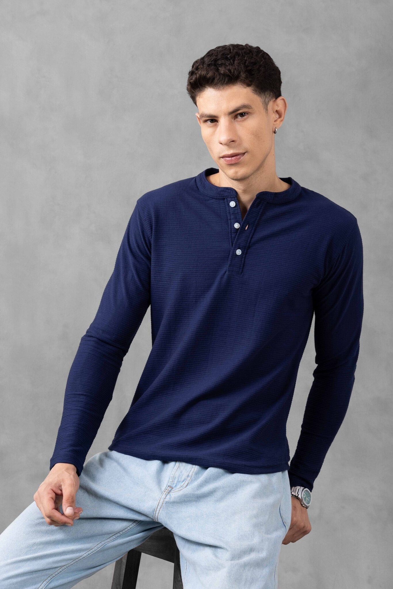 Navy Ottoman Self Design Henley T-Shirt