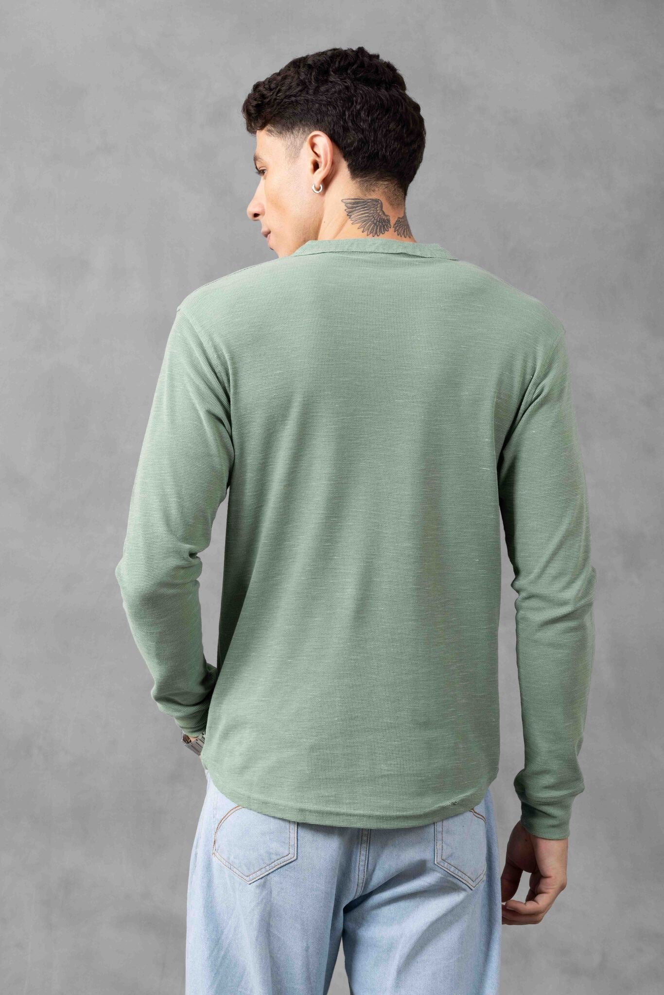 Green Self Design Henley Neck T-Shirt