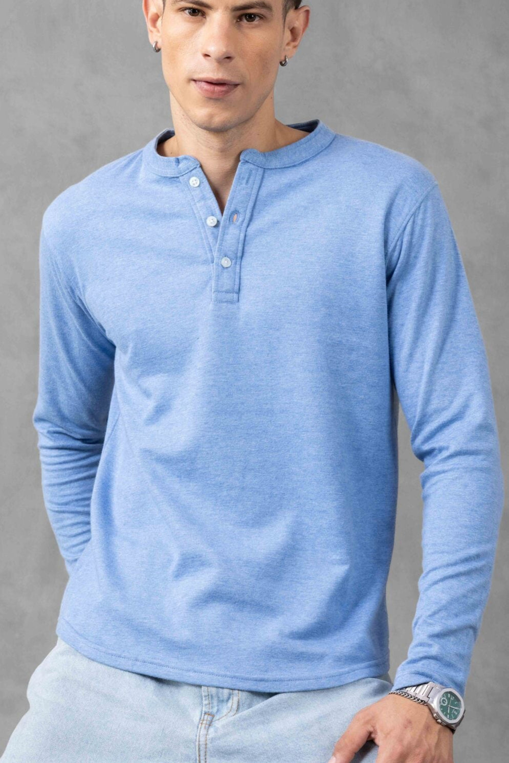 Blue Self Design Henley T-Shirt