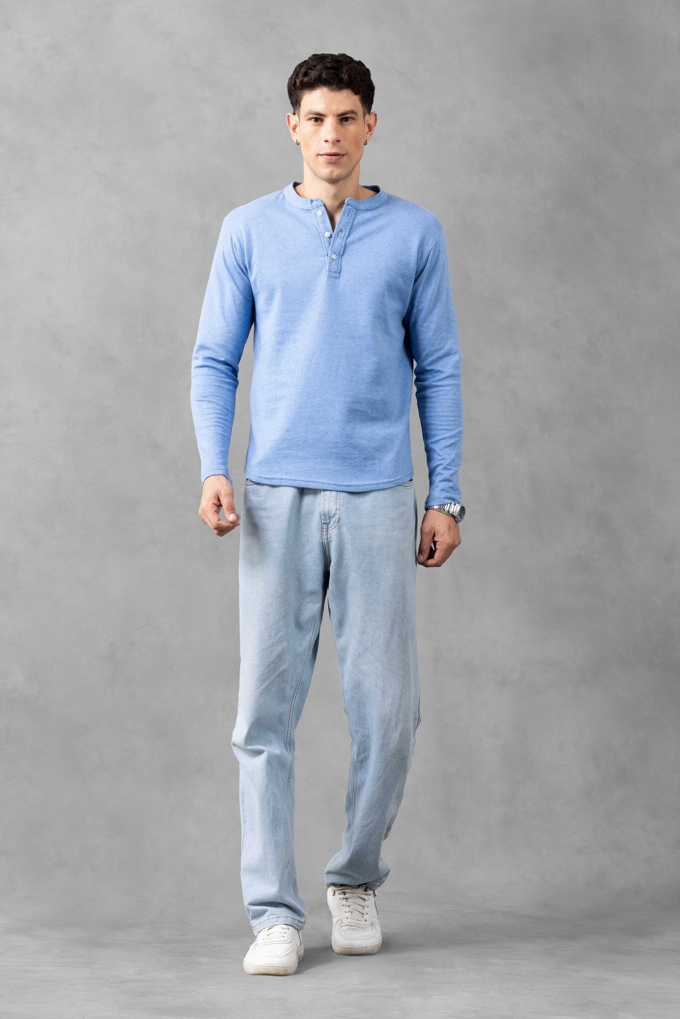 Blue Self Design Henley T-Shirt