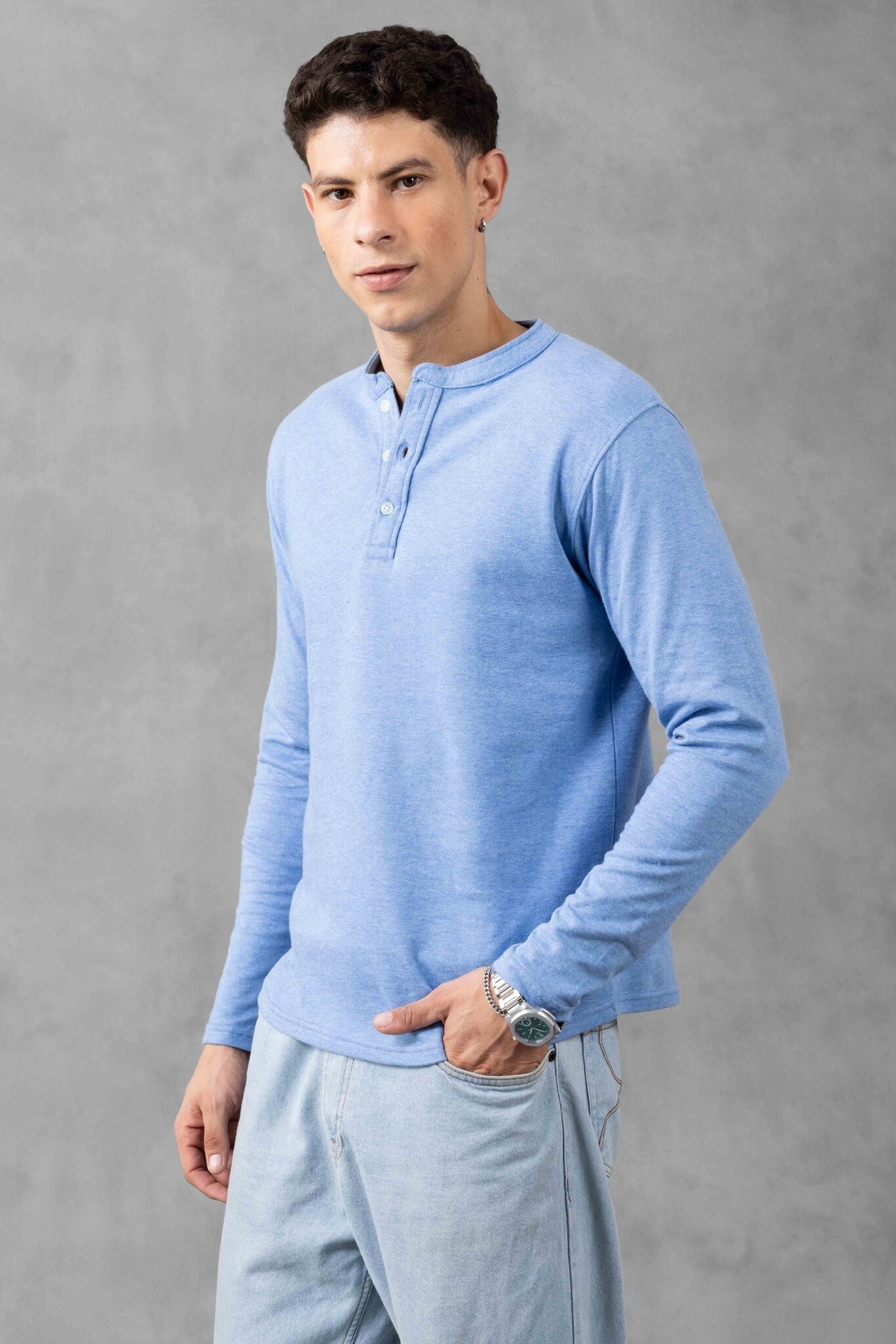 Blue Self Design Henley T-Shirt