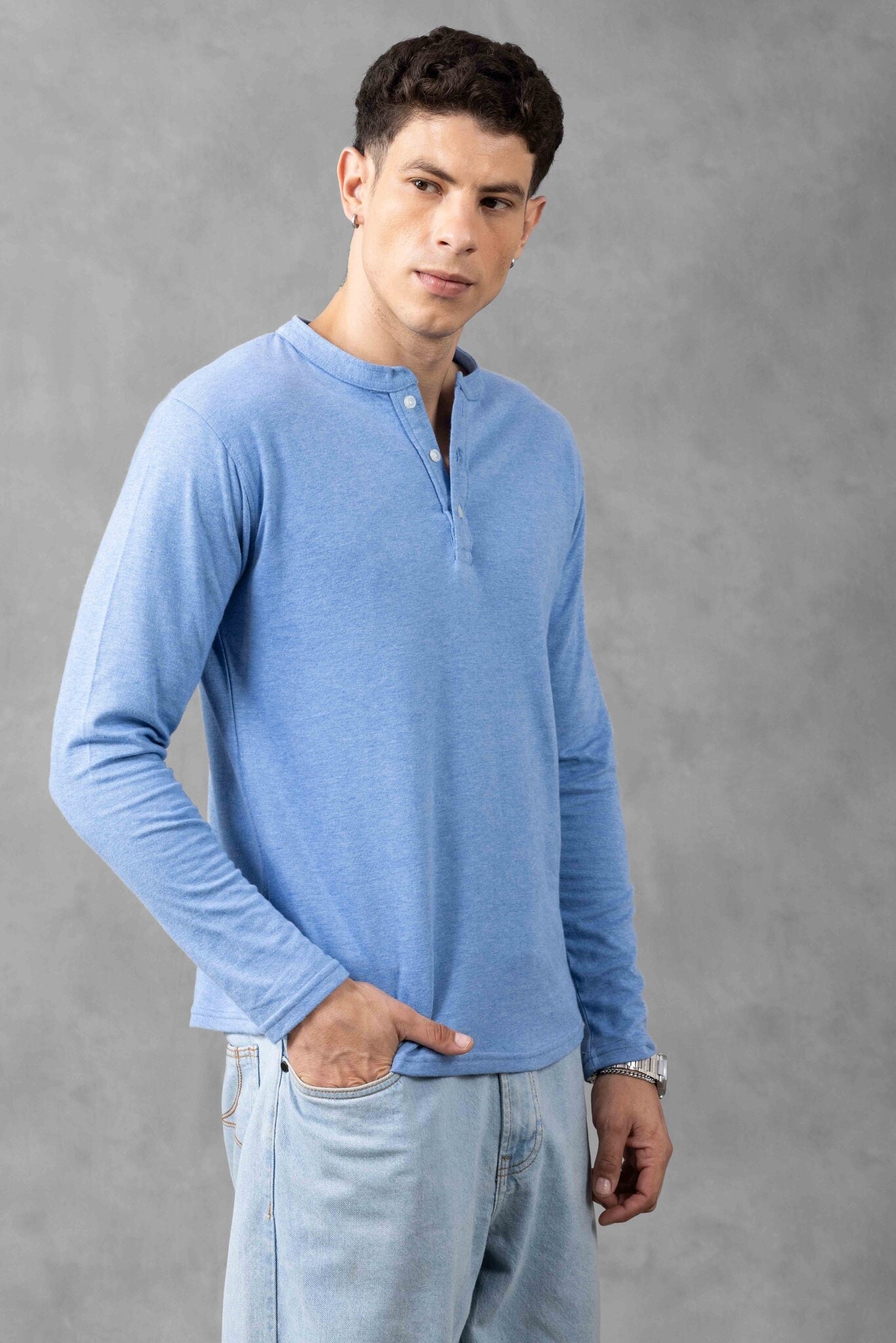 Blue Self Design Henley T-Shirt