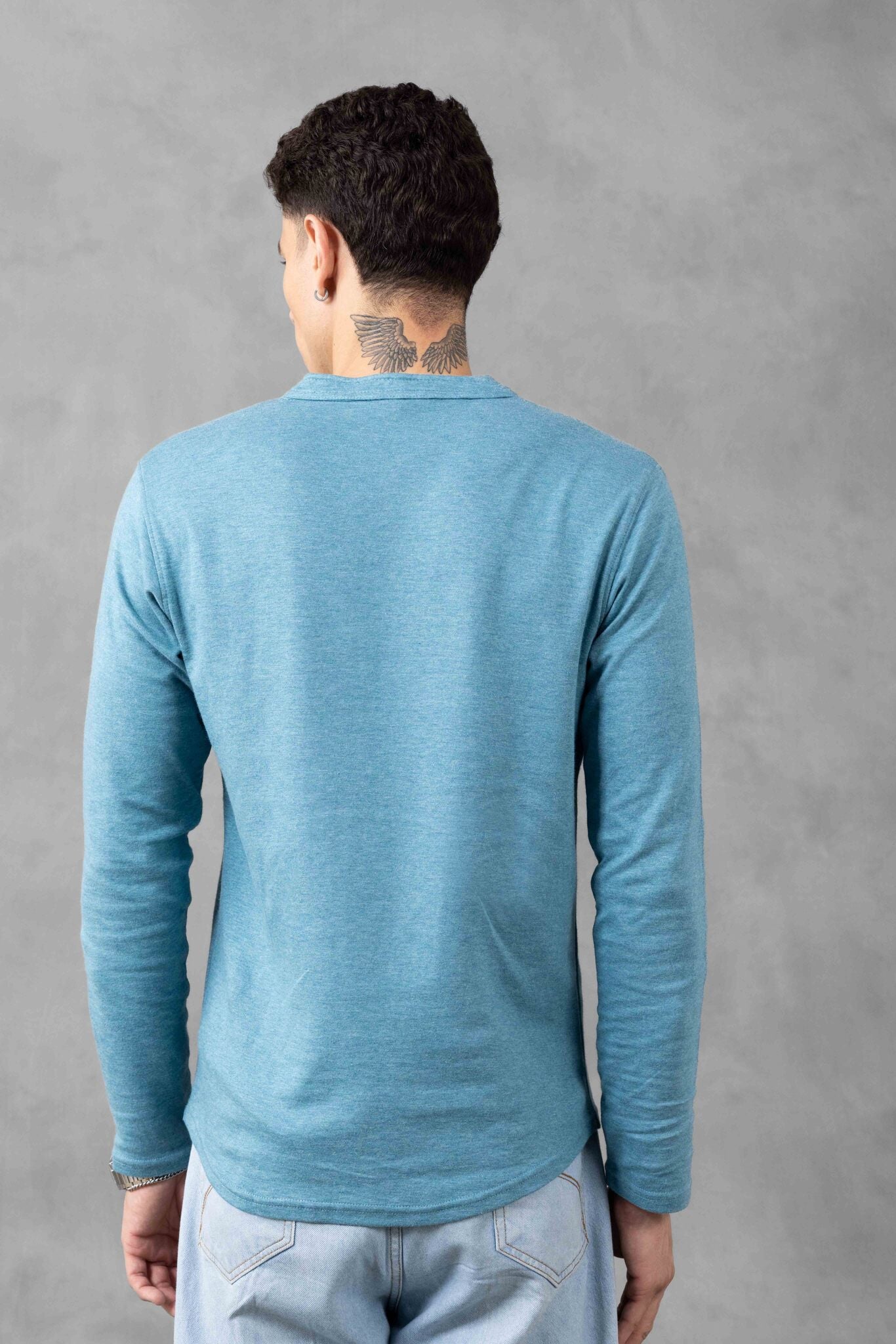 Green Full Sleeve Self Design Henley T-Shirt