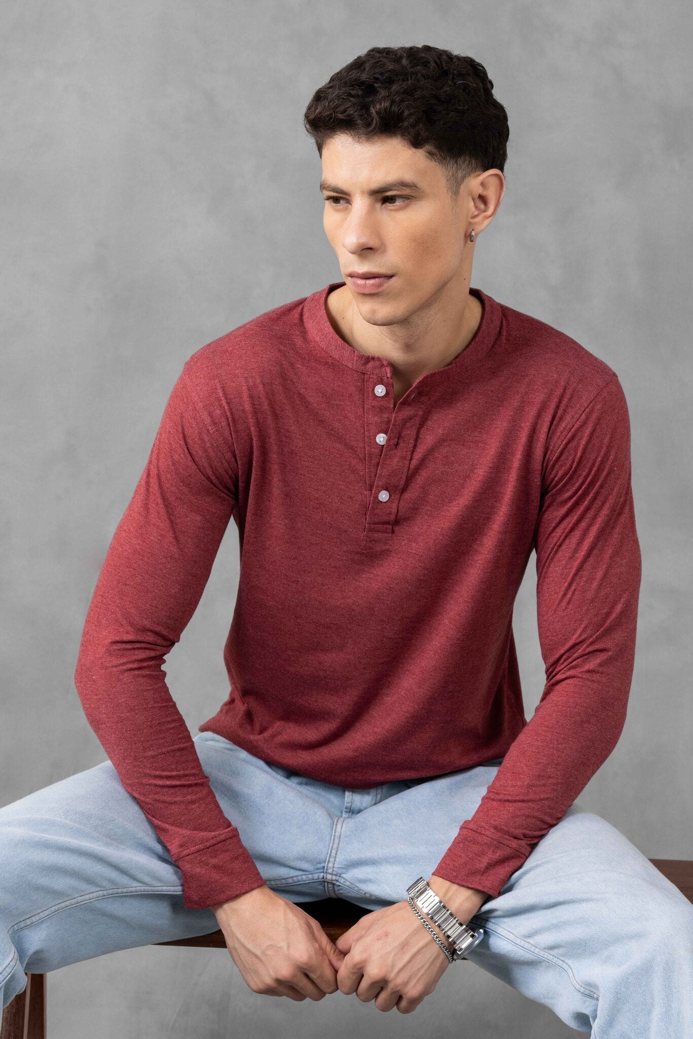 Pink Self Design Henley Neck T-Shirt