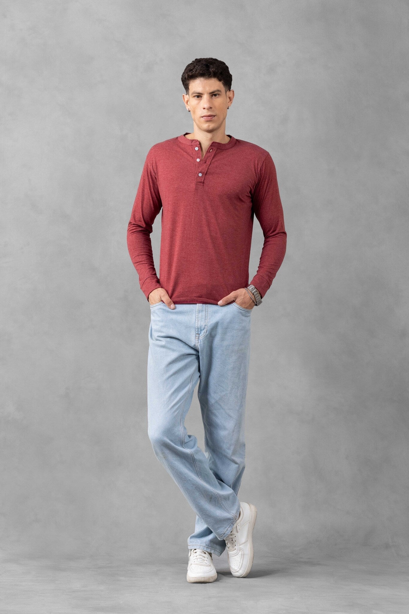 Pink Self Design Henley Neck T-Shirt