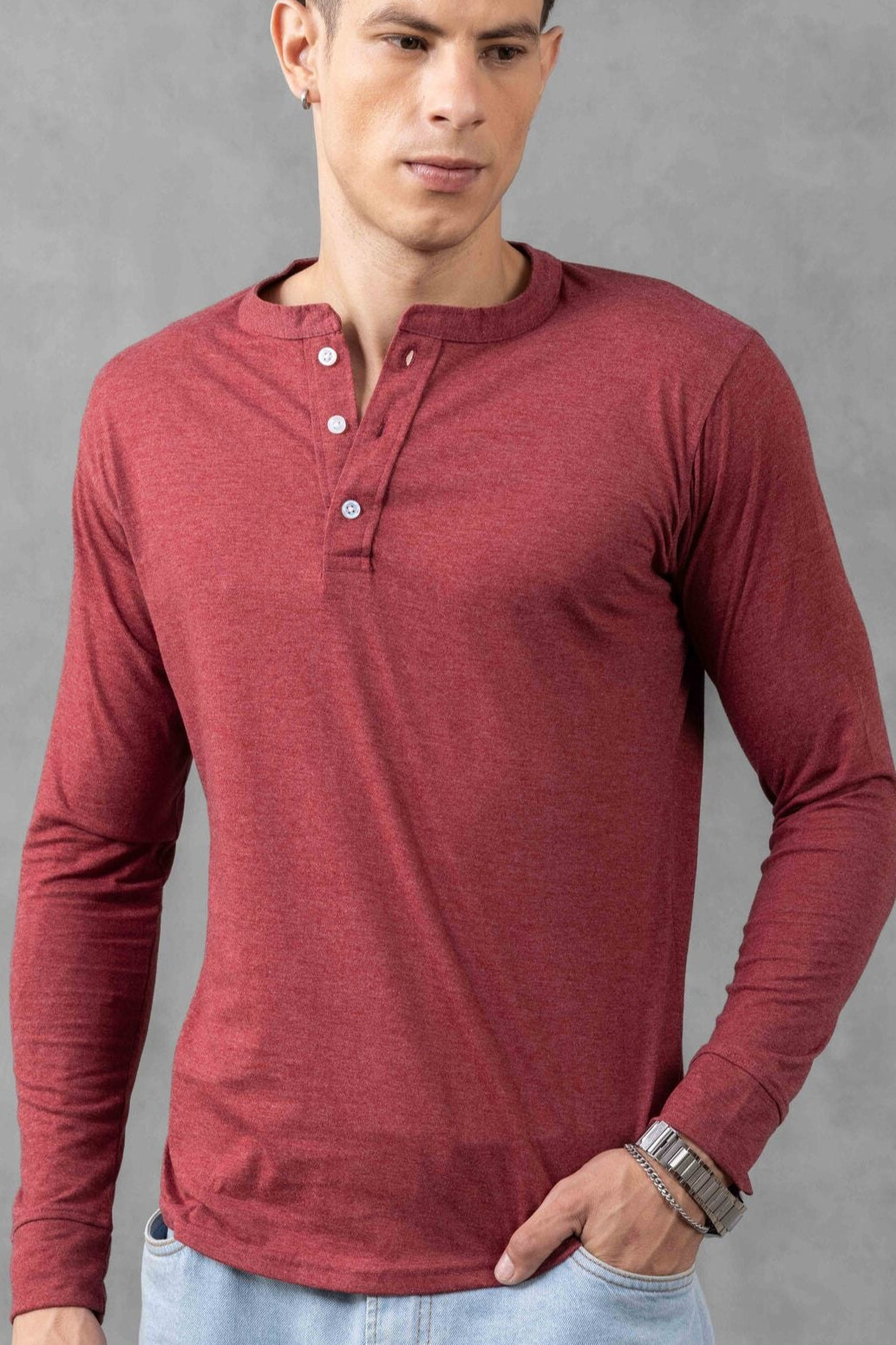 Pink Self Design Henley Neck T-Shirt