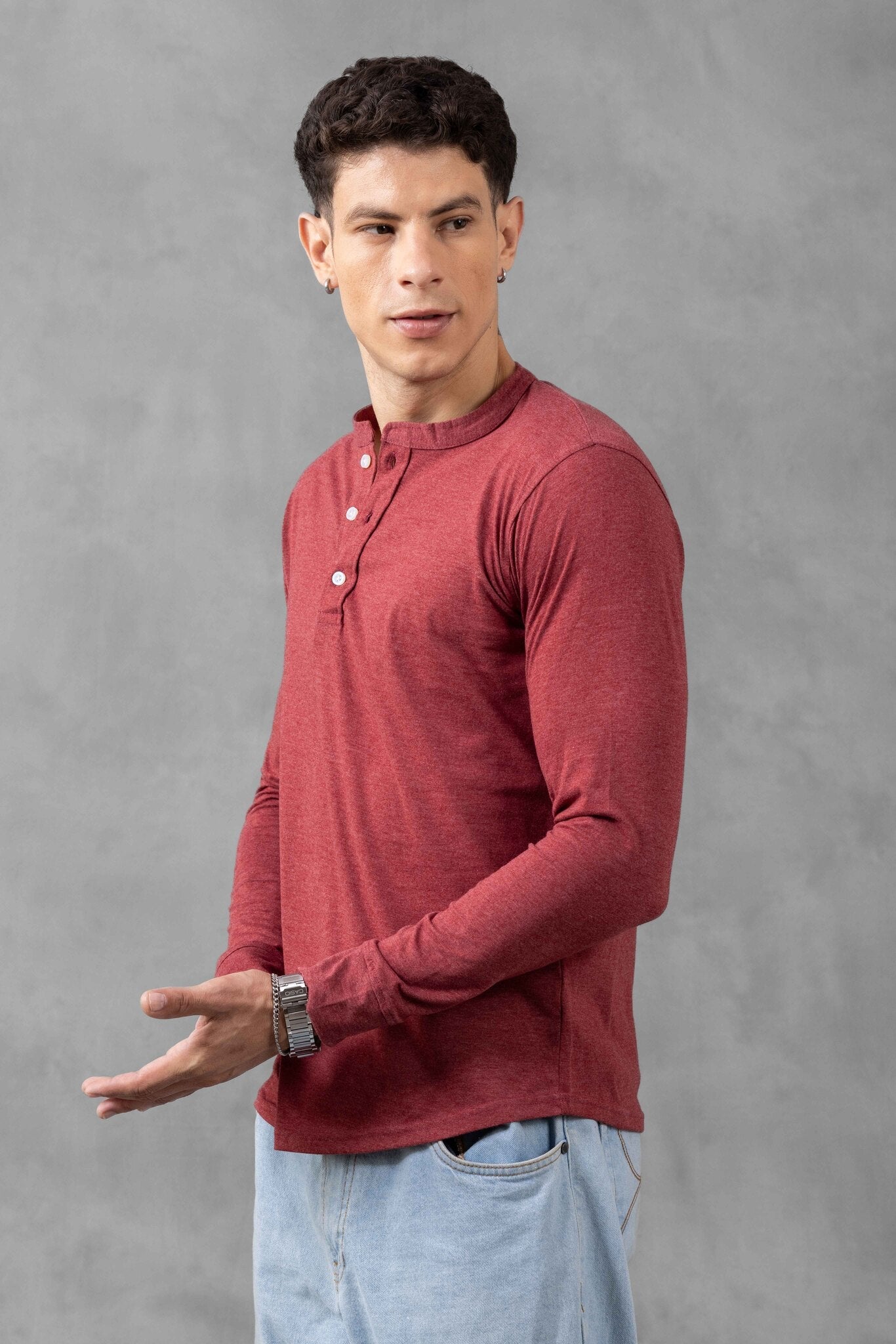 Pink Self Design Henley Neck T-Shirt