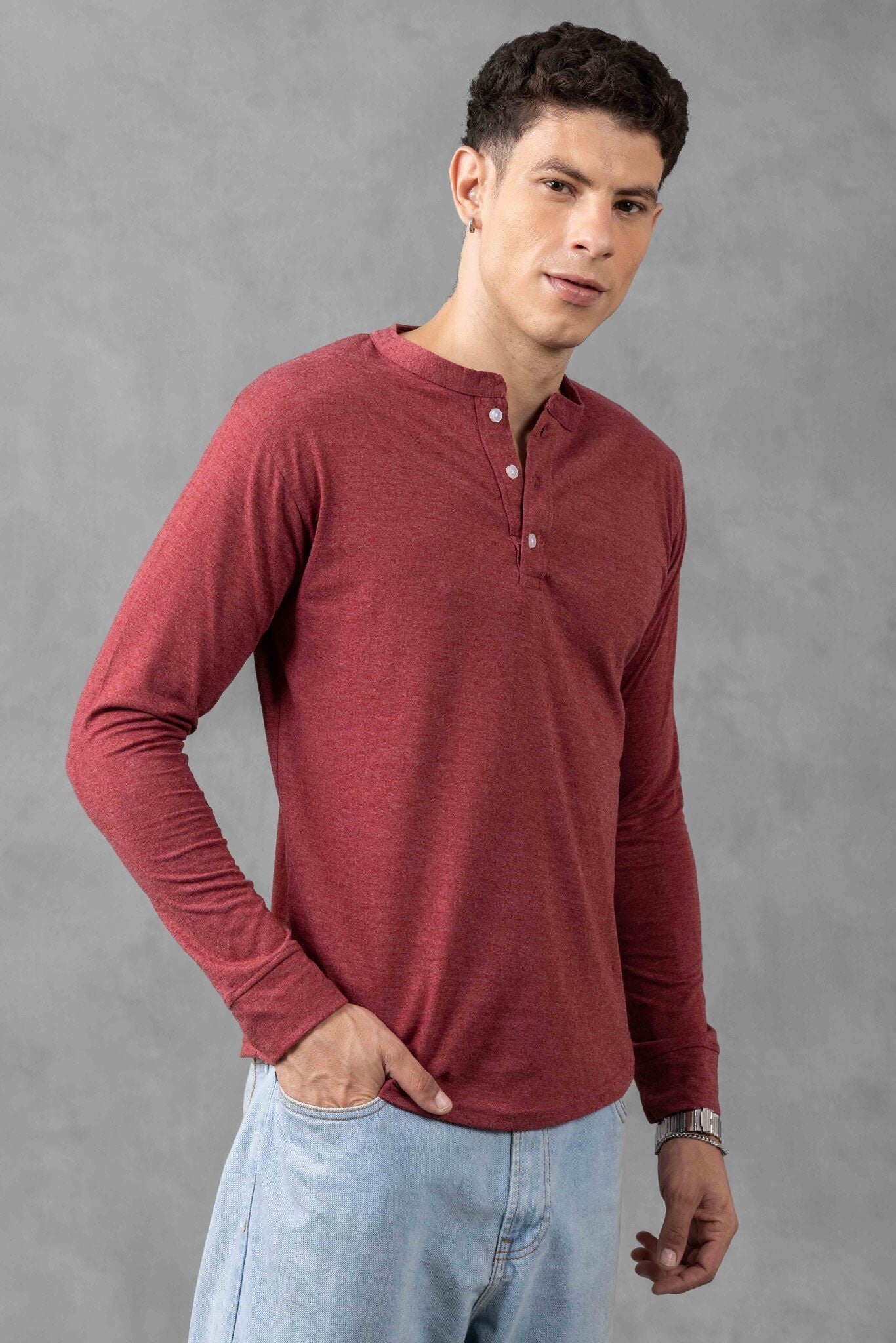 Pink Self Design Henley Neck T-Shirt