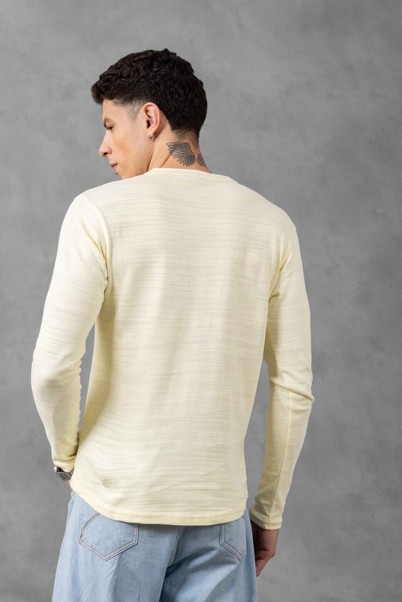 Yellow Self Design Henley Neck T-Shirt