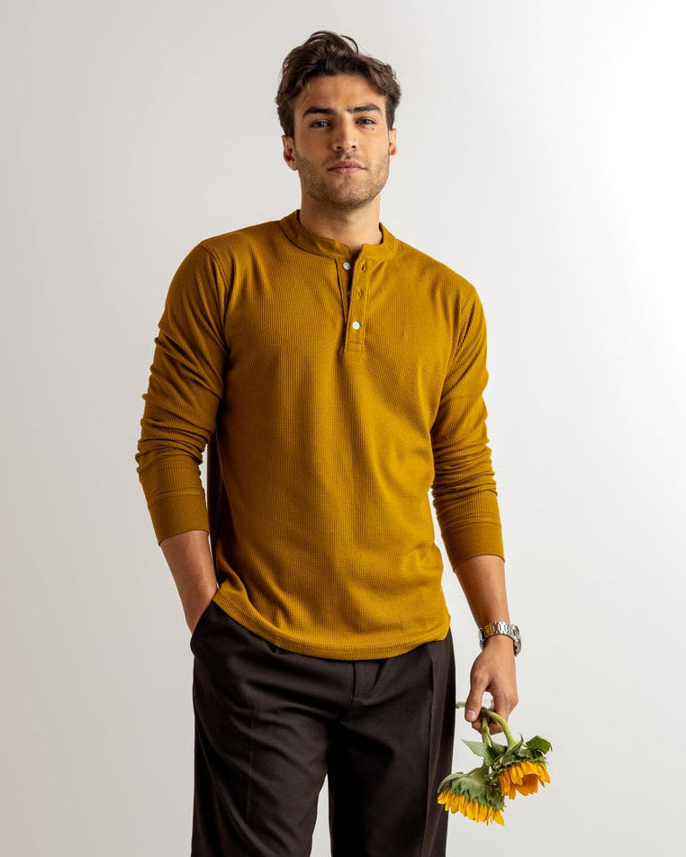 Mustard Waffle Knit Henley Neck T-Shirt