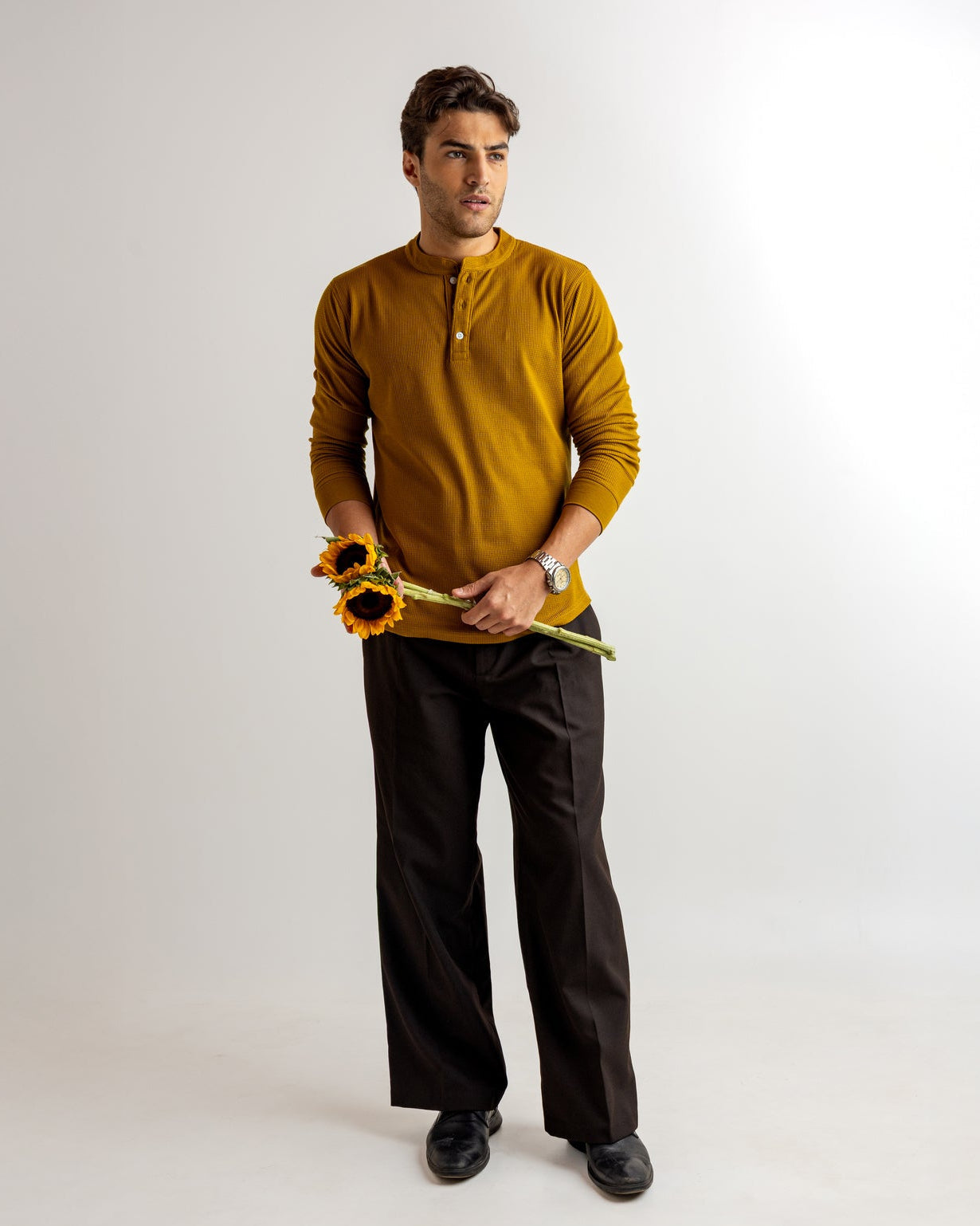 Mustard Waffle Knit Henley Neck T-Shirt