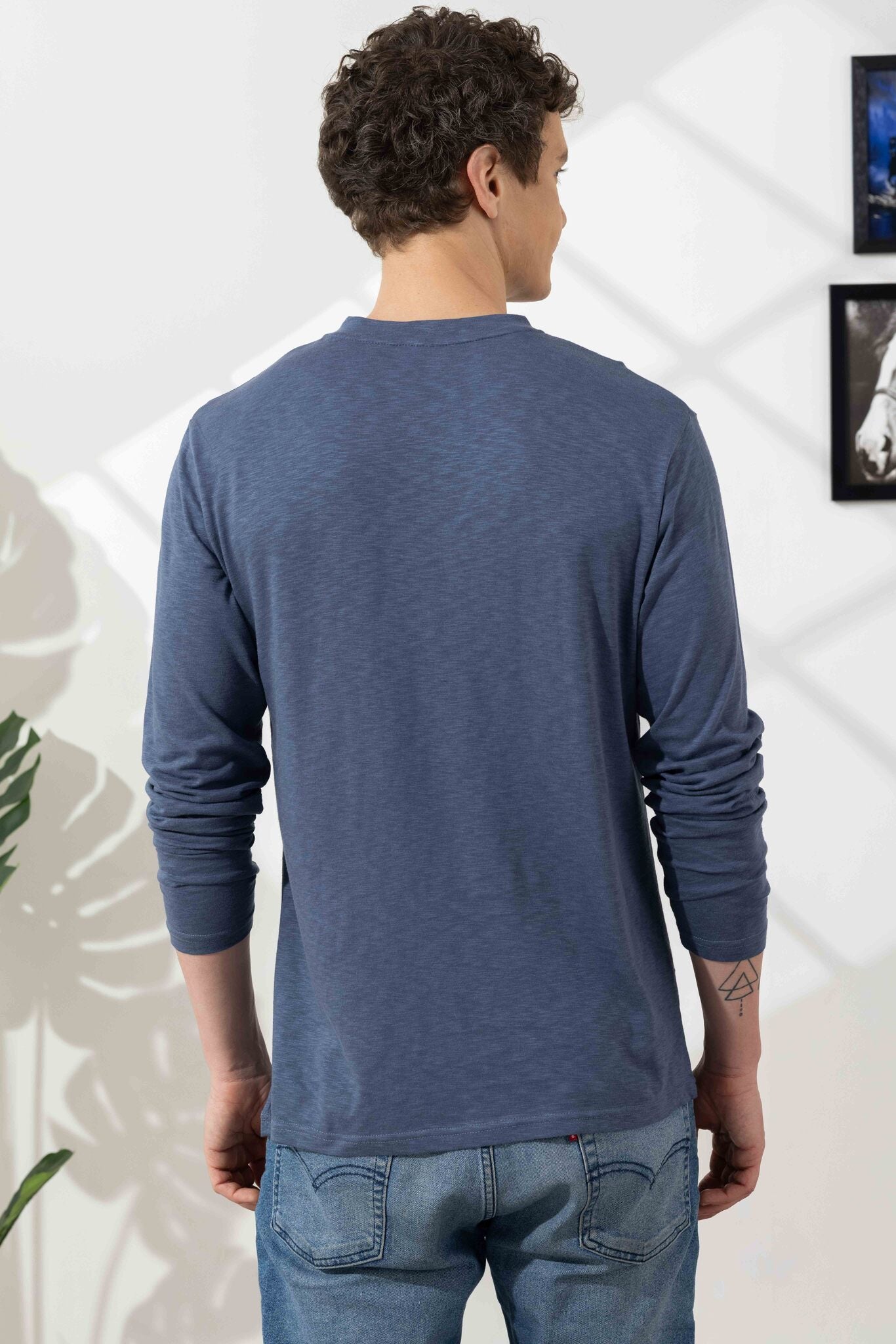 Blue Cotton Slub Open Henley T-Shirt