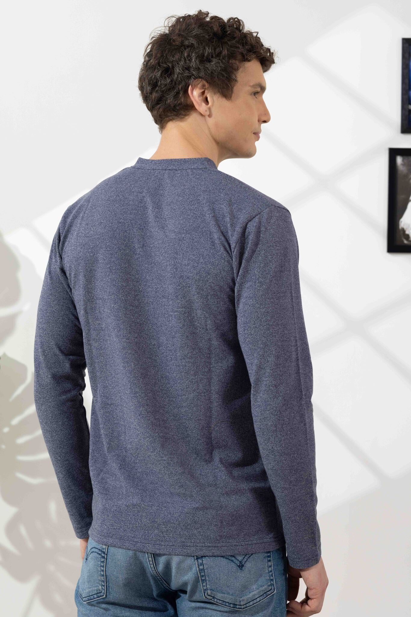 Blue Tinted  Full Sleeve Cotton Henley T-Shirt