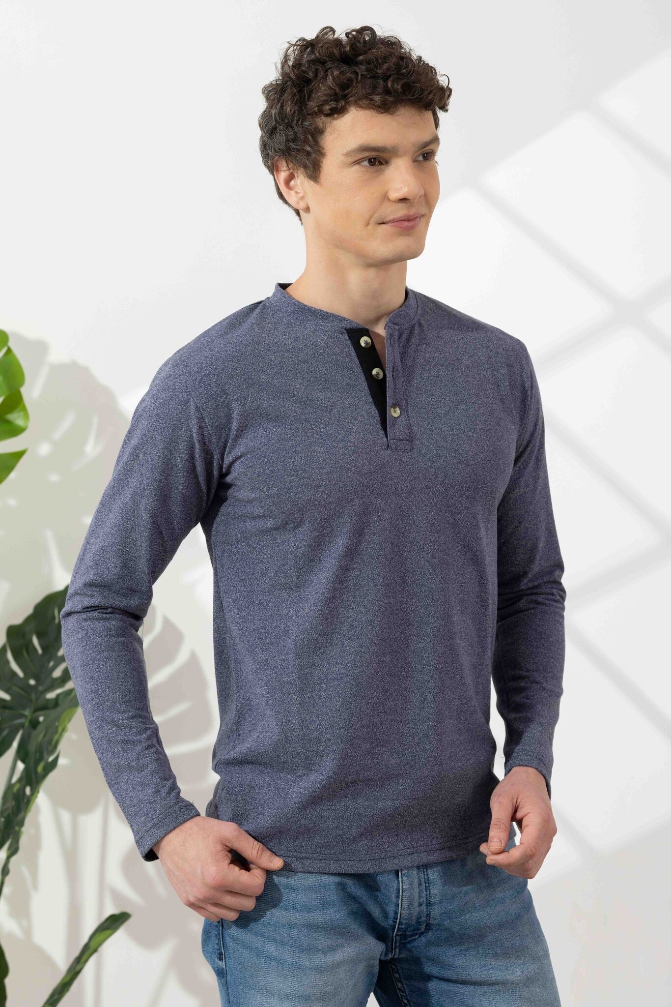 Blue Tinted  Full Sleeve Cotton Henley T-Shirt