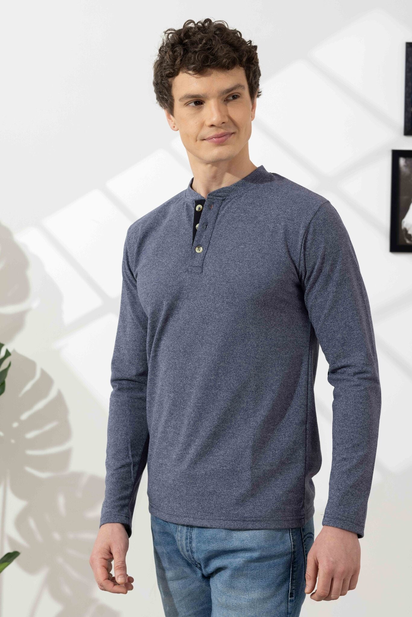 Blue Tinted  Full Sleeve Cotton Henley T-Shirt