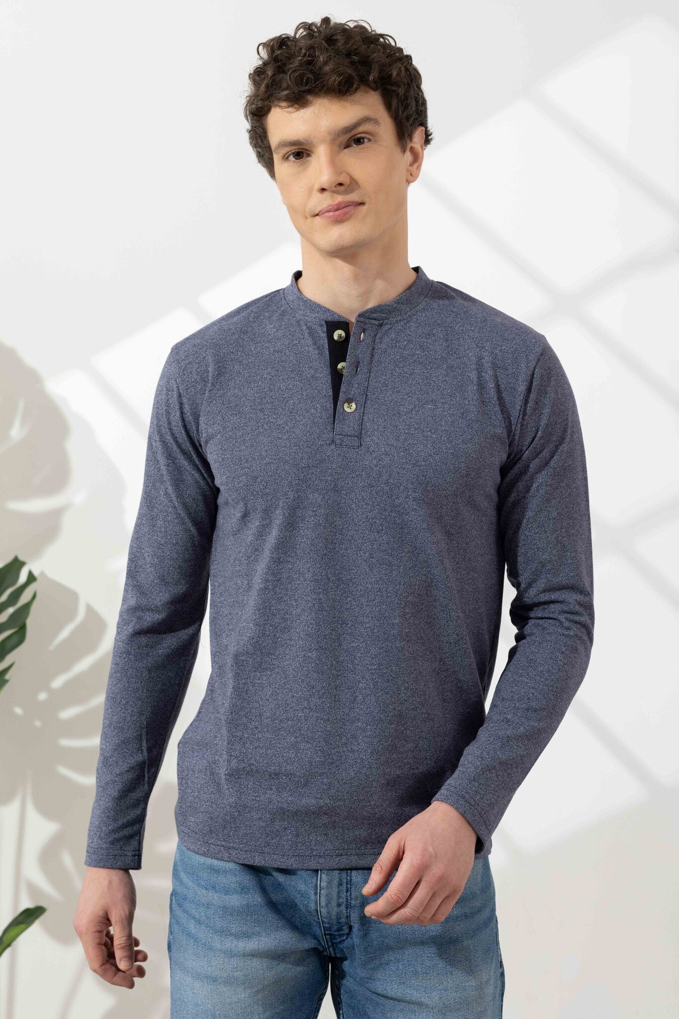 Blue Tinted  Full Sleeve Cotton Henley T-Shirt