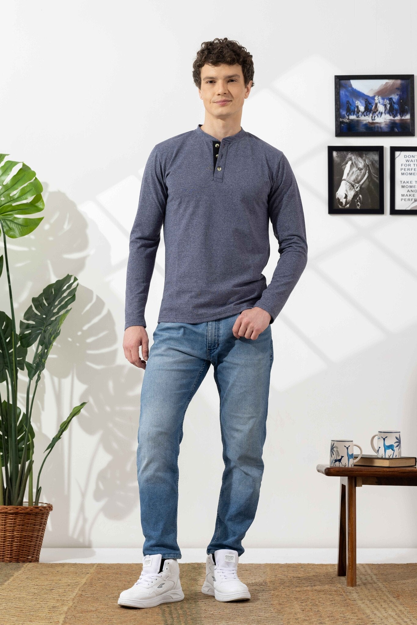 Blue Tinted  Full Sleeve Cotton Henley T-Shirt