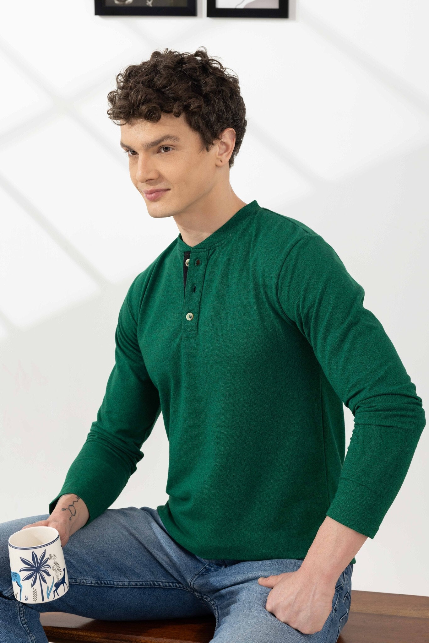 Green Tinted Cotton Full Sleeve Henley T-Shirt