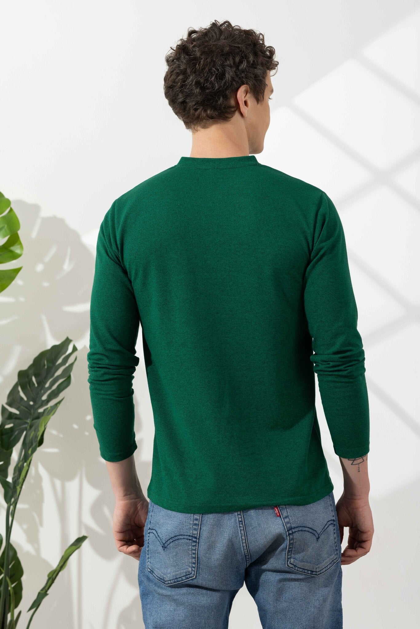 Green Tinted Cotton Full Sleeve Henley T-Shirt