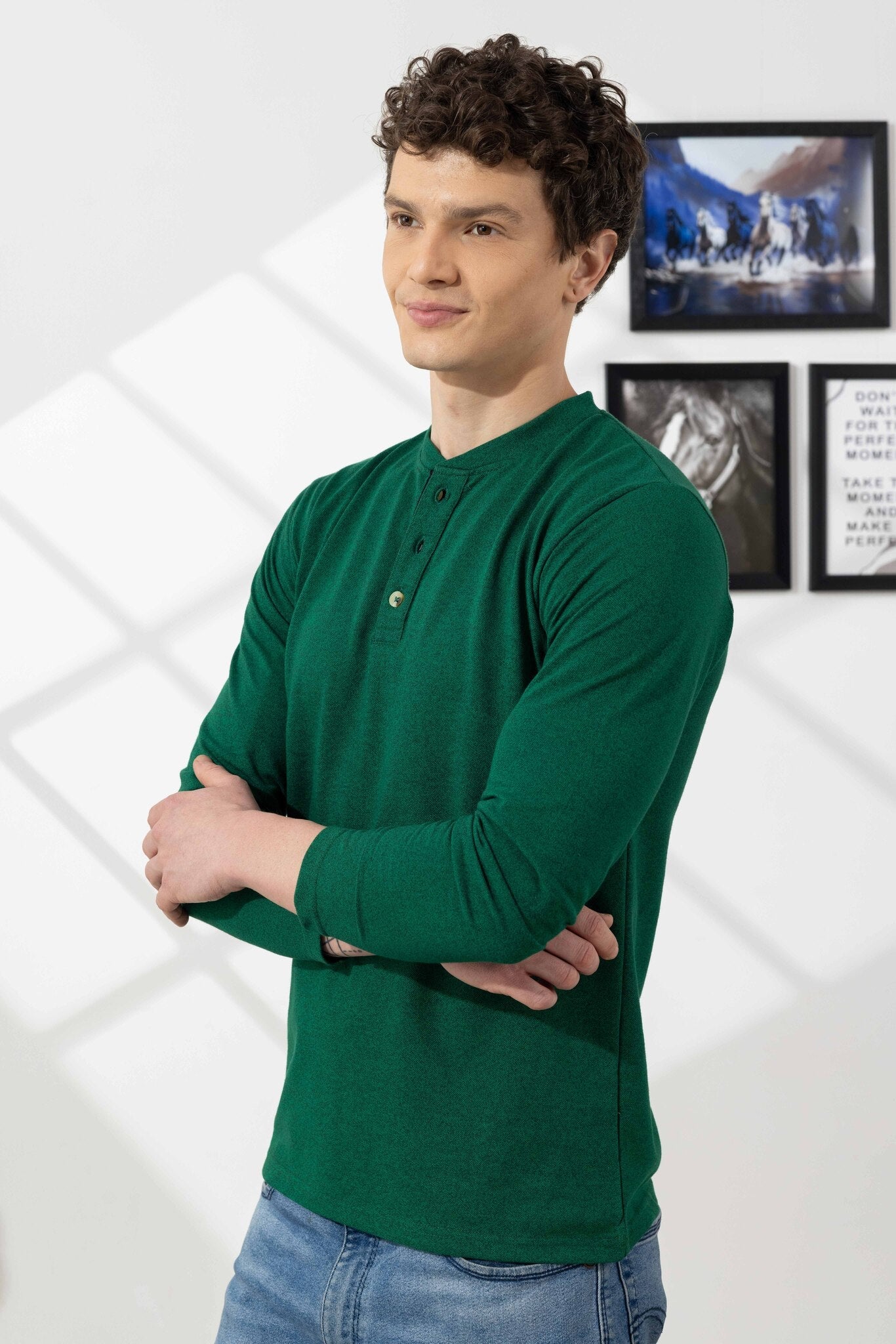 Green Tinted Cotton Full Sleeve Henley T-Shirt
