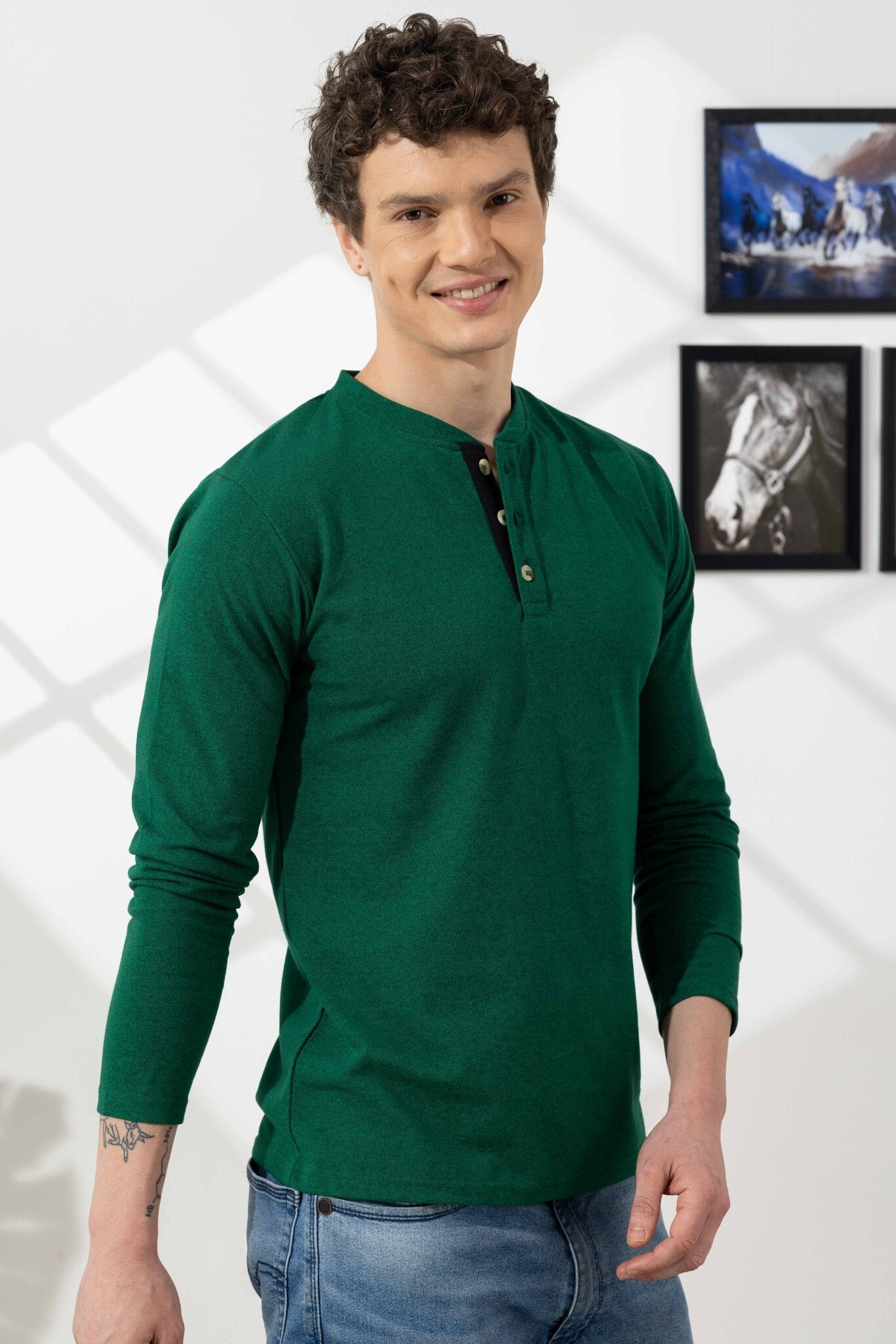 Green Tinted Cotton Full Sleeve Henley T-Shirt