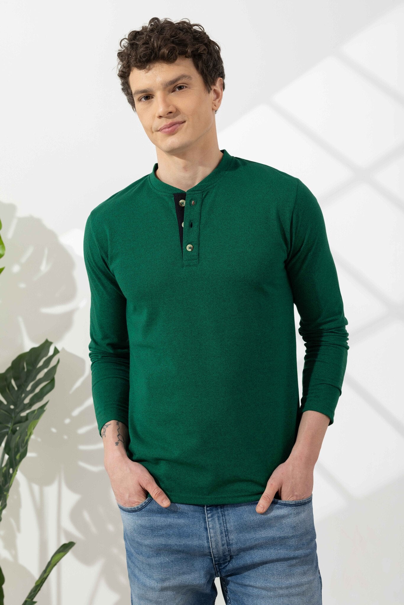 Green Tinted Cotton Full Sleeve Henley T-Shirt