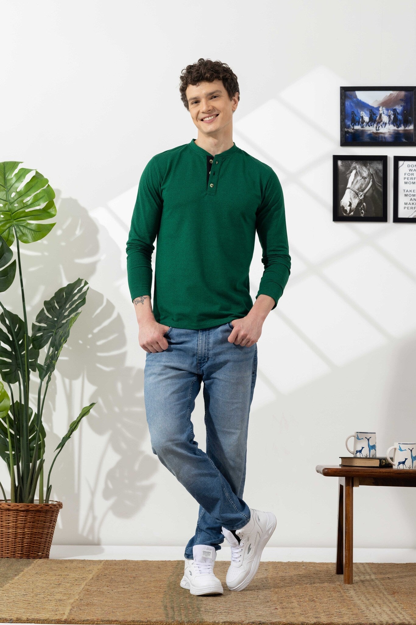 Green Tinted Cotton Full Sleeve Henley T-Shirt