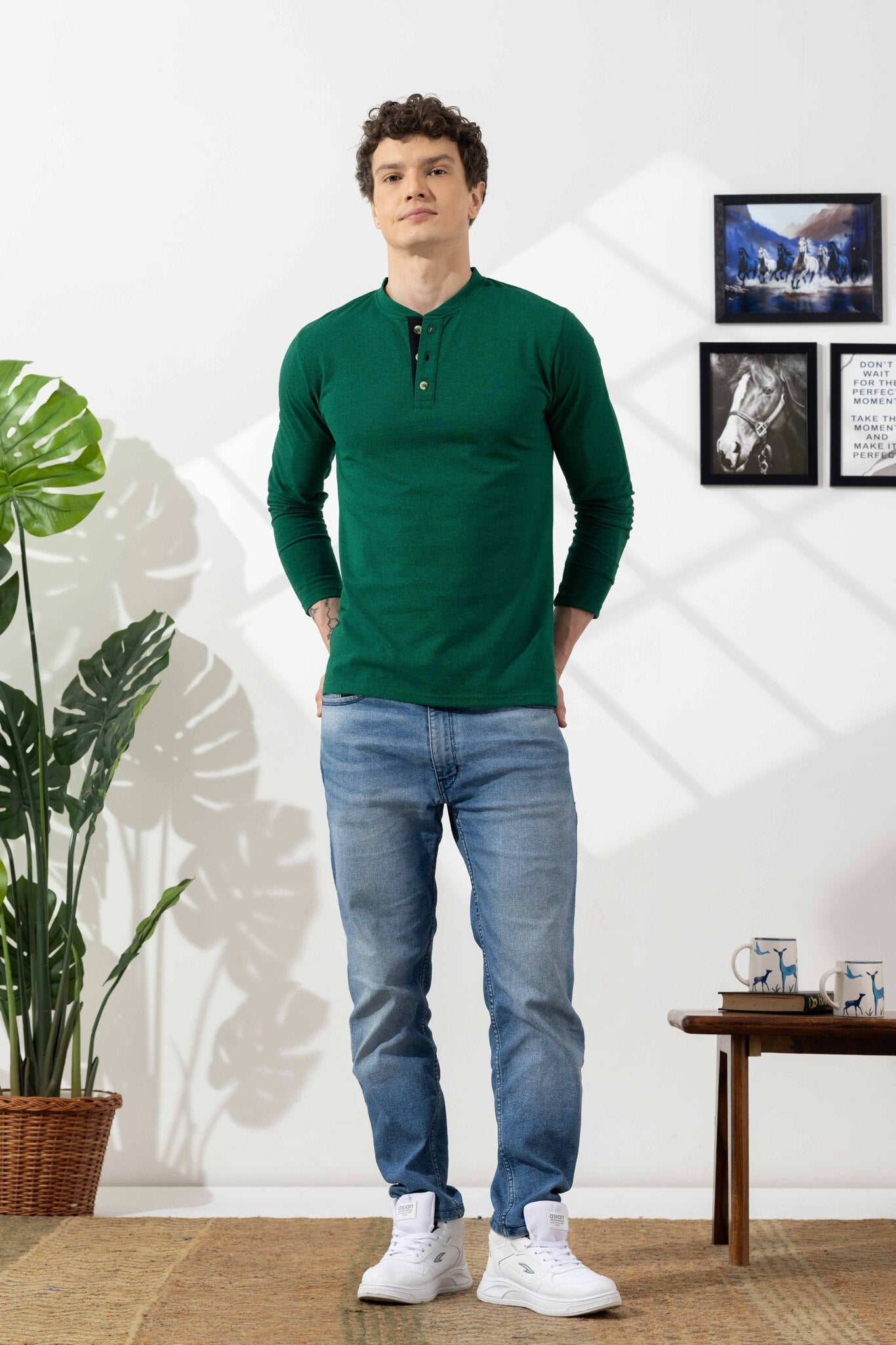 Green Tinted Cotton Full Sleeve Henley T-Shirt