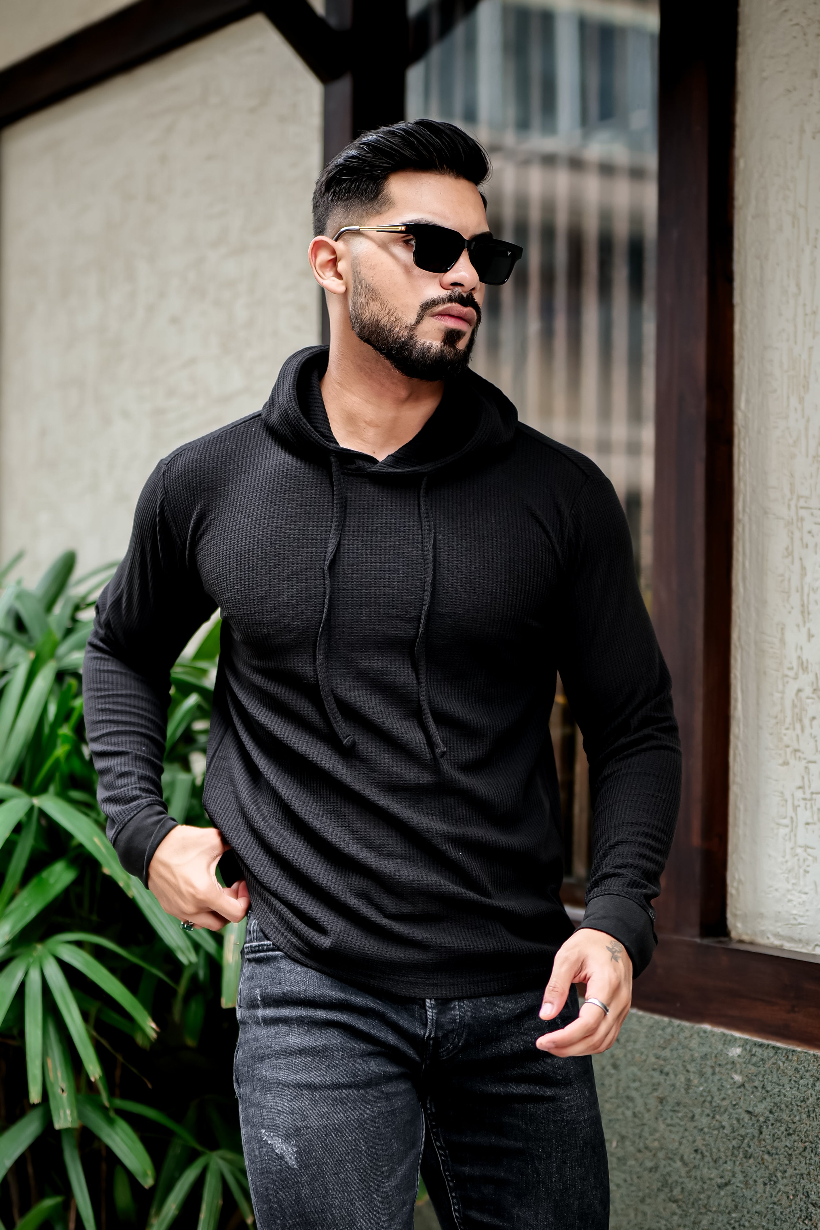 Black Waffle Hooded T-Shirt