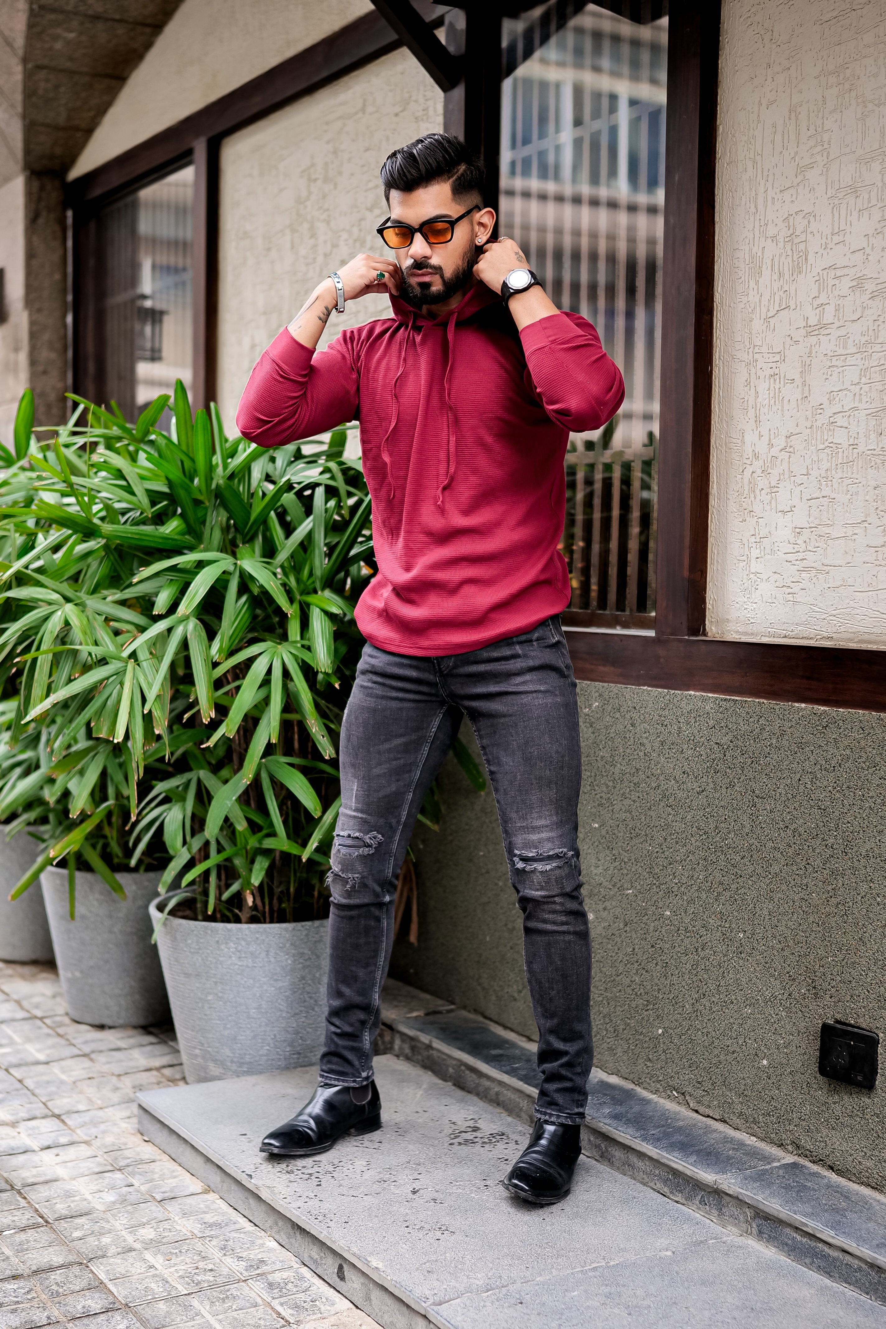 Maroon Waffle Hooded T-Shirt