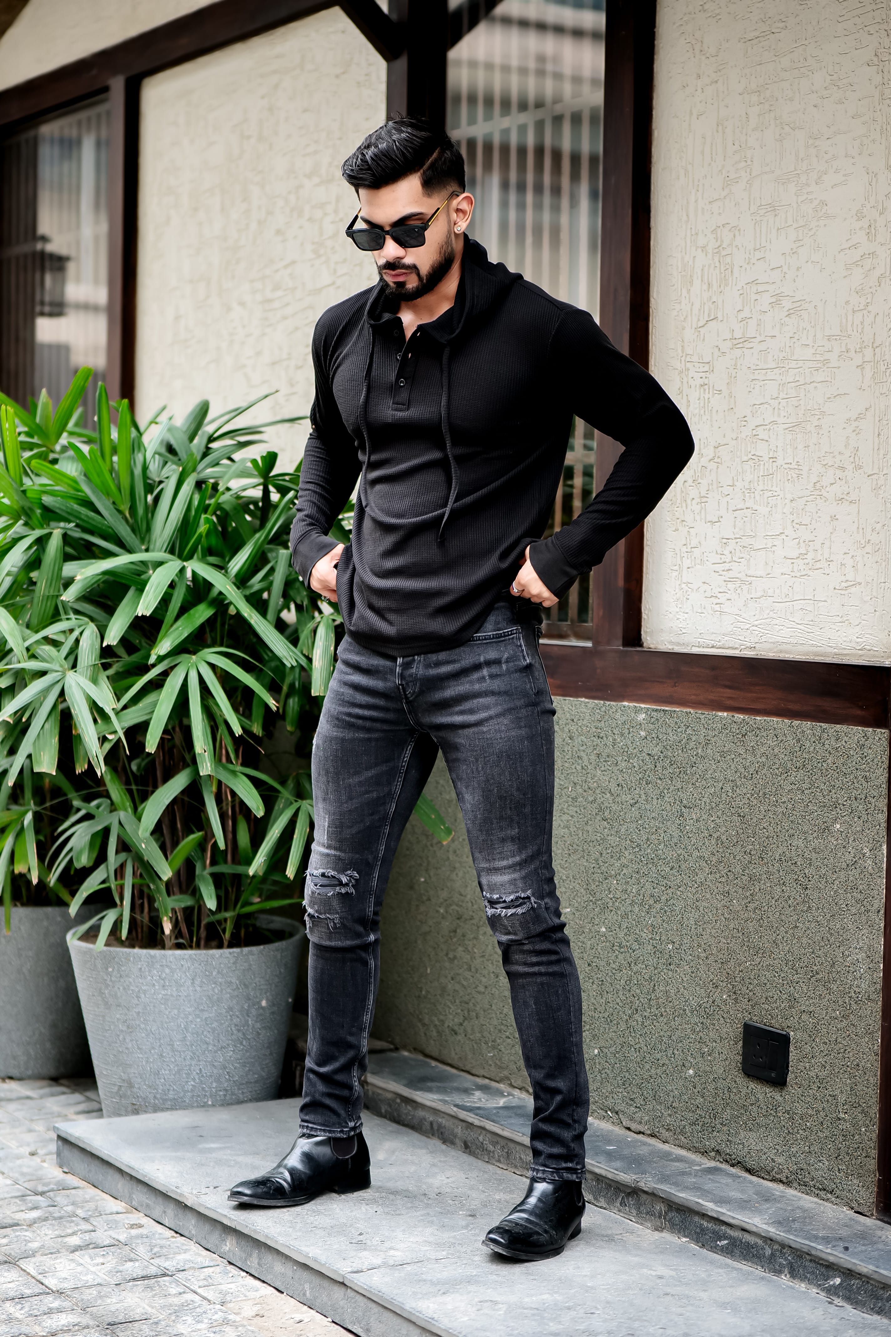 Black Waffle Placket Hooded T-Shirt