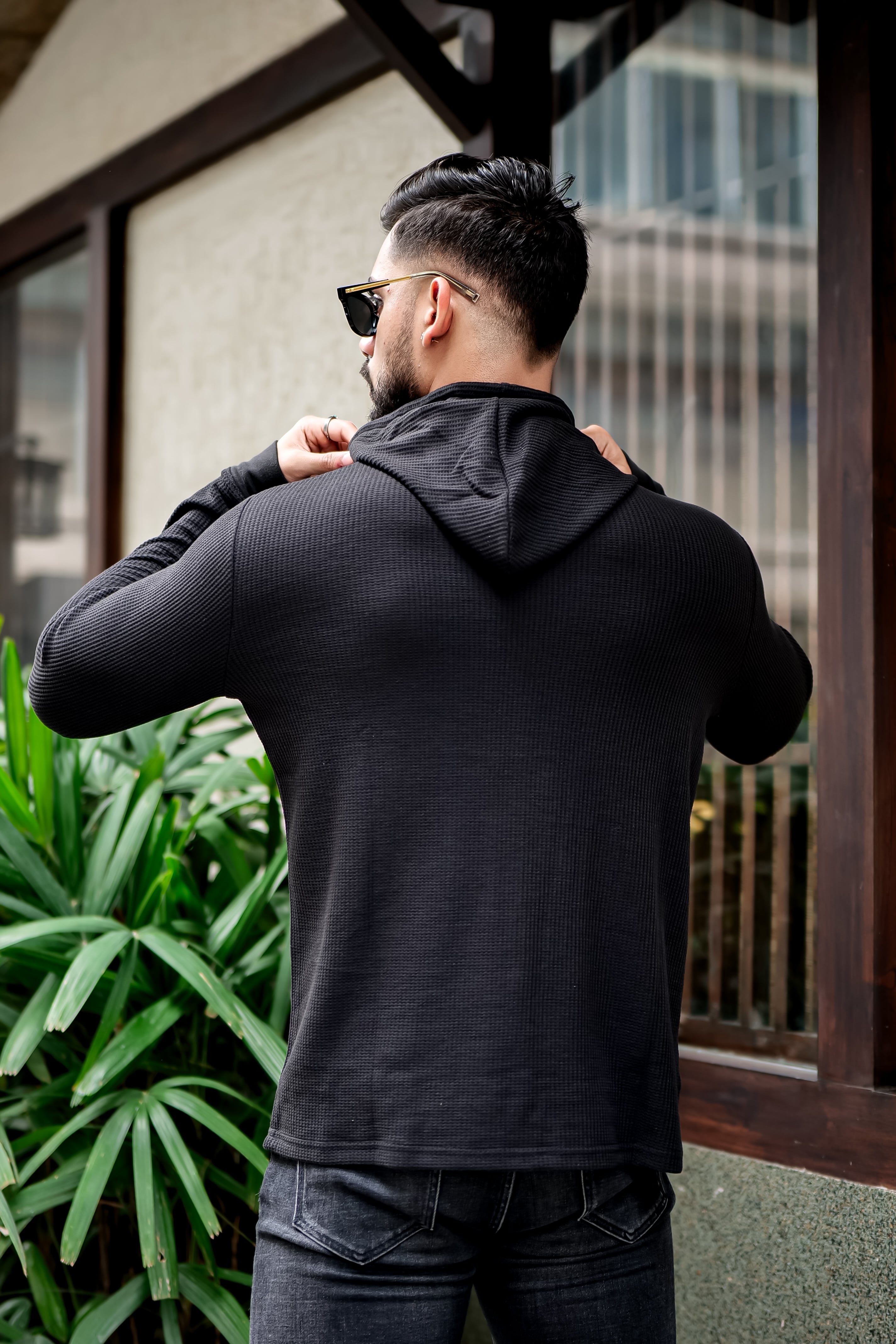Black Waffle Placket Hooded T-Shirt