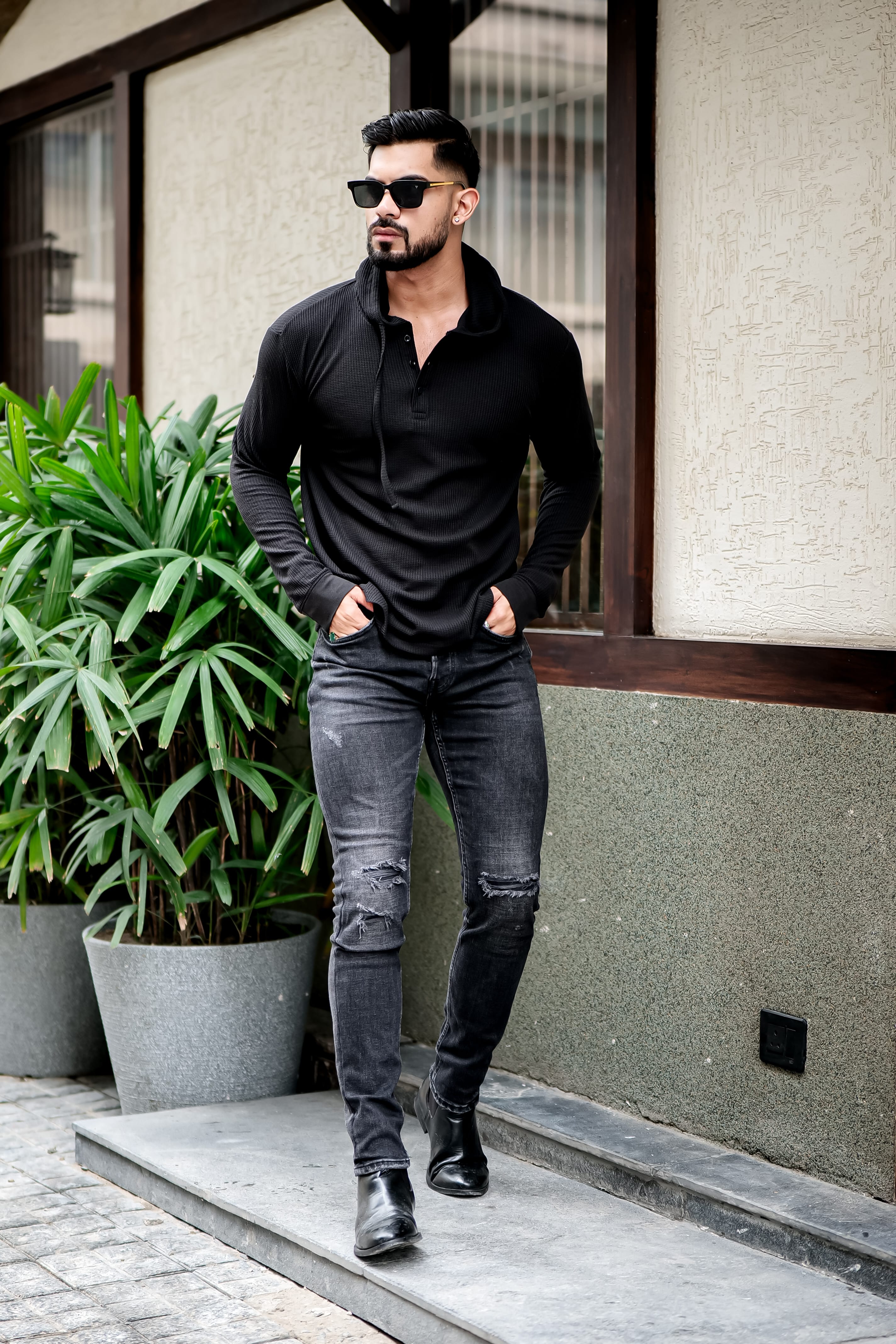 Black Waffle Placket Hooded T-Shirt