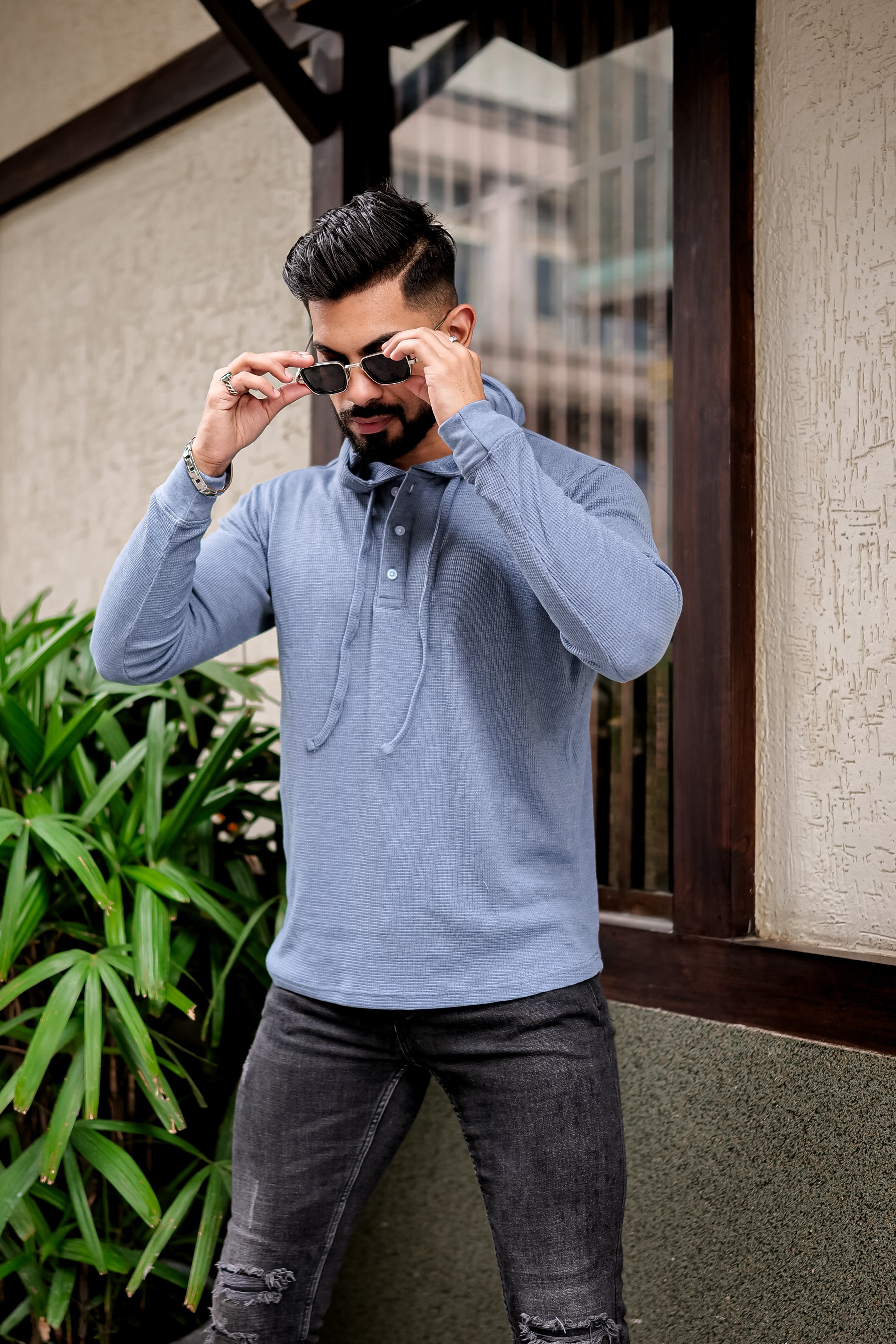Blue Waffle Placket Hooded T-Shirt
